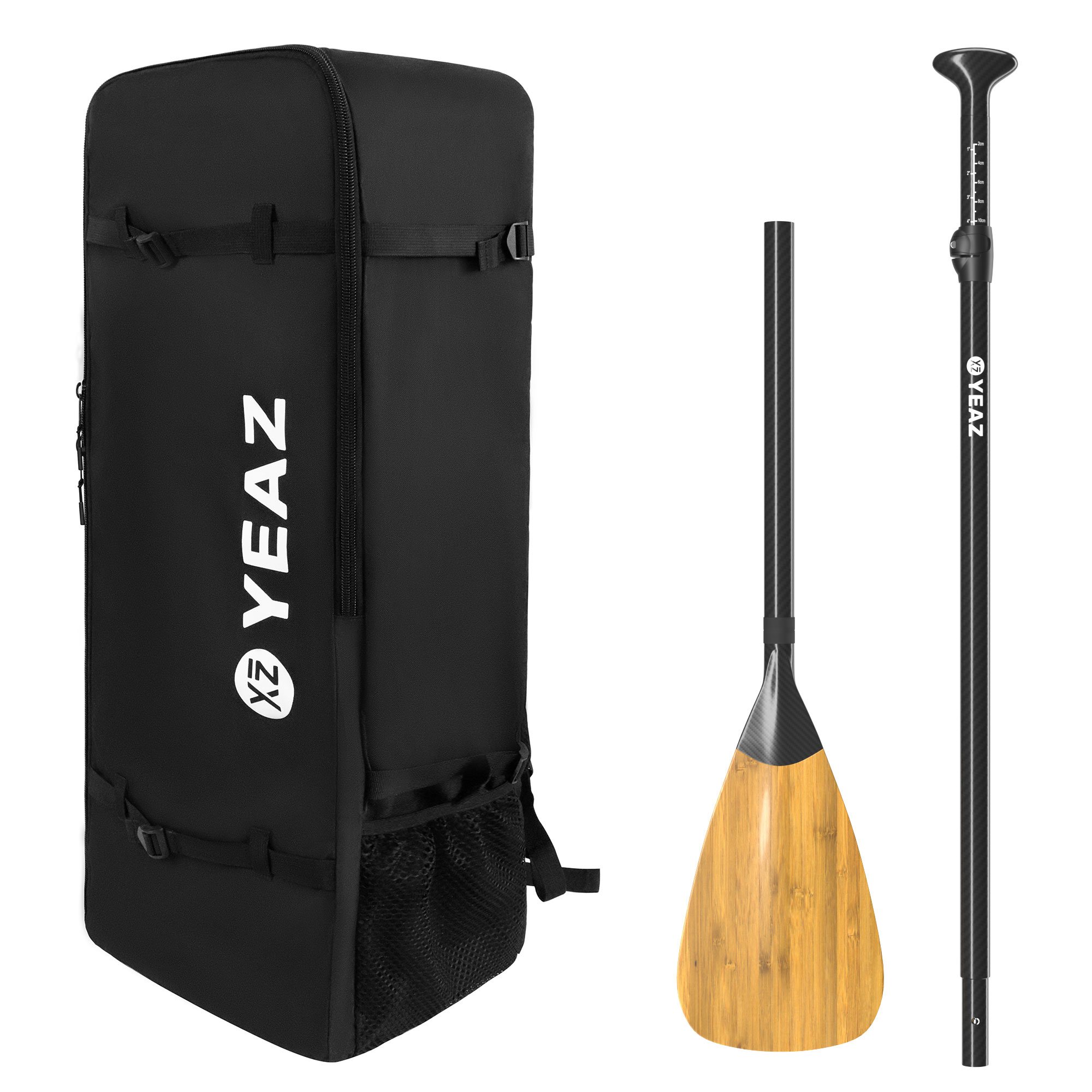 Schwarzes Yeaz Stand-Up Paddleboard-Set. Enthält Tasche, Paddel und Board. Weißer Hintergrund.