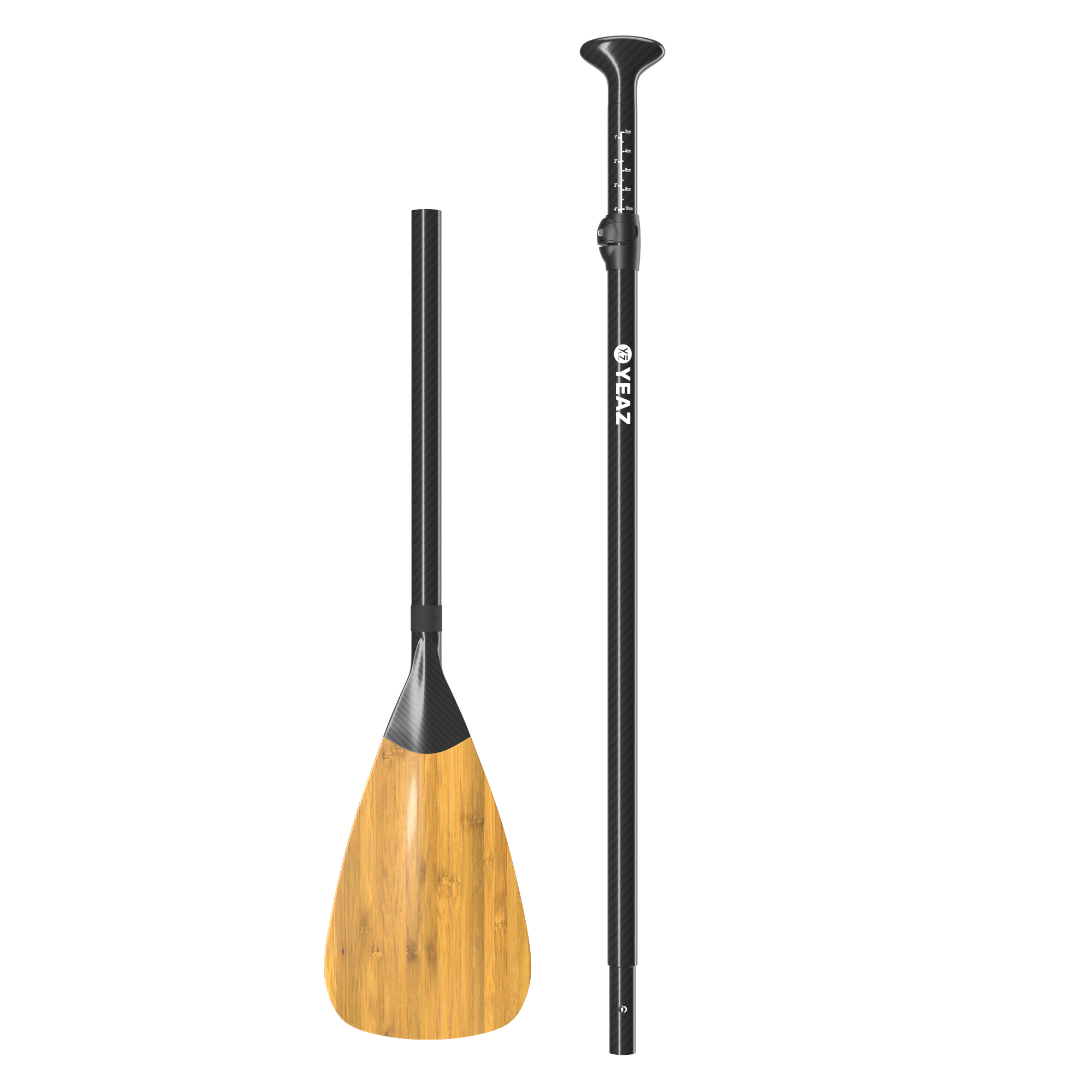 Stand-Up Paddle-Board Paddel, Holzblatt, schwarzer Schaft, verstellbare Länge. Weißer Hintergrund.
