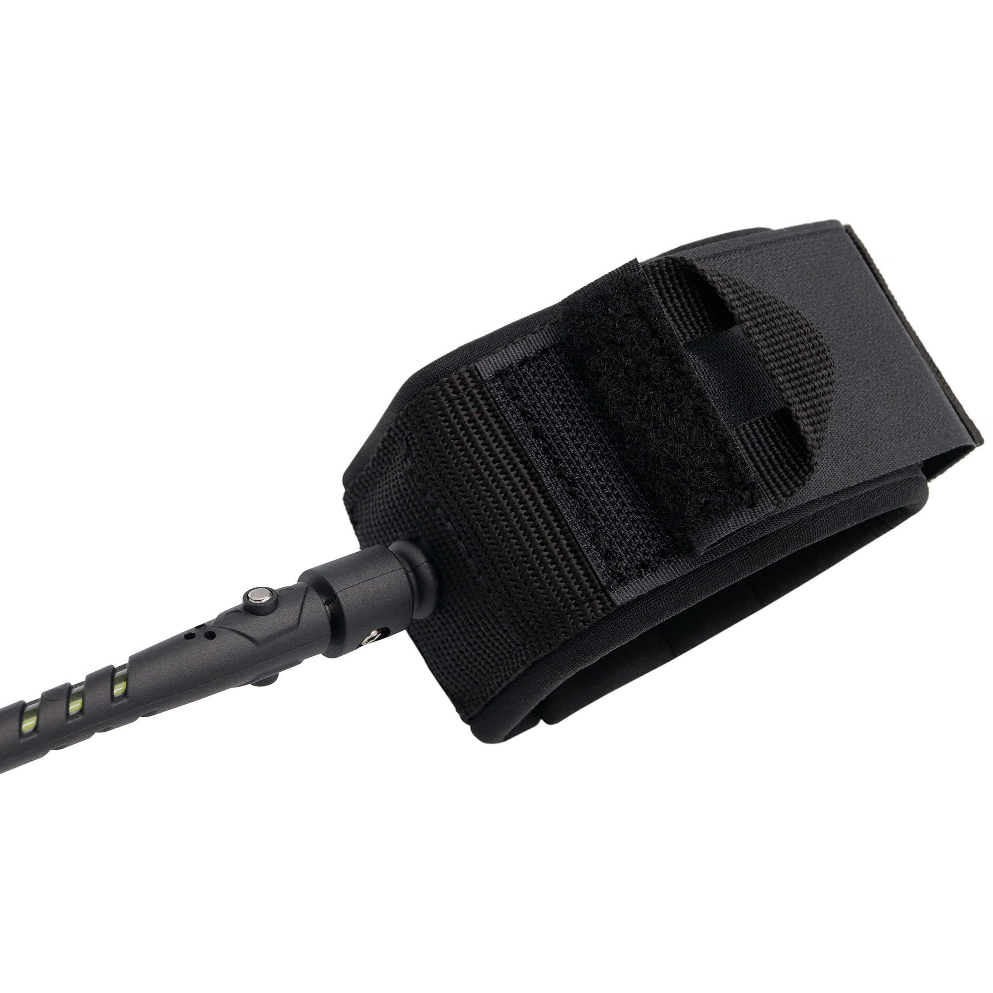 Schwarze Surfbrett-Leash mit Manschette und Verbindungsschnur, auf weißem Hintergrund.