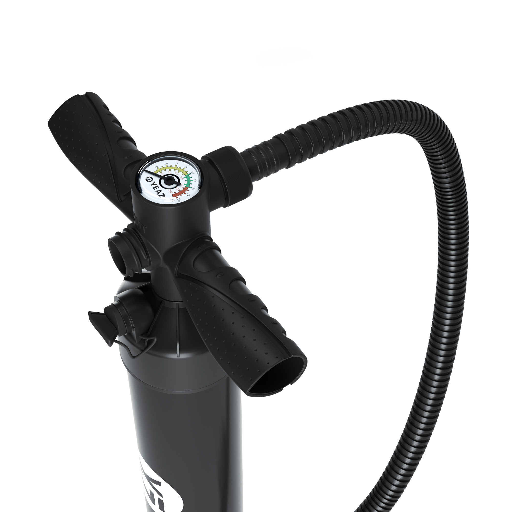 Schwarz-weiße Handpumpe zum Aufblasen von Gegenständen, mit Manometer, Schlauch und Griffen.