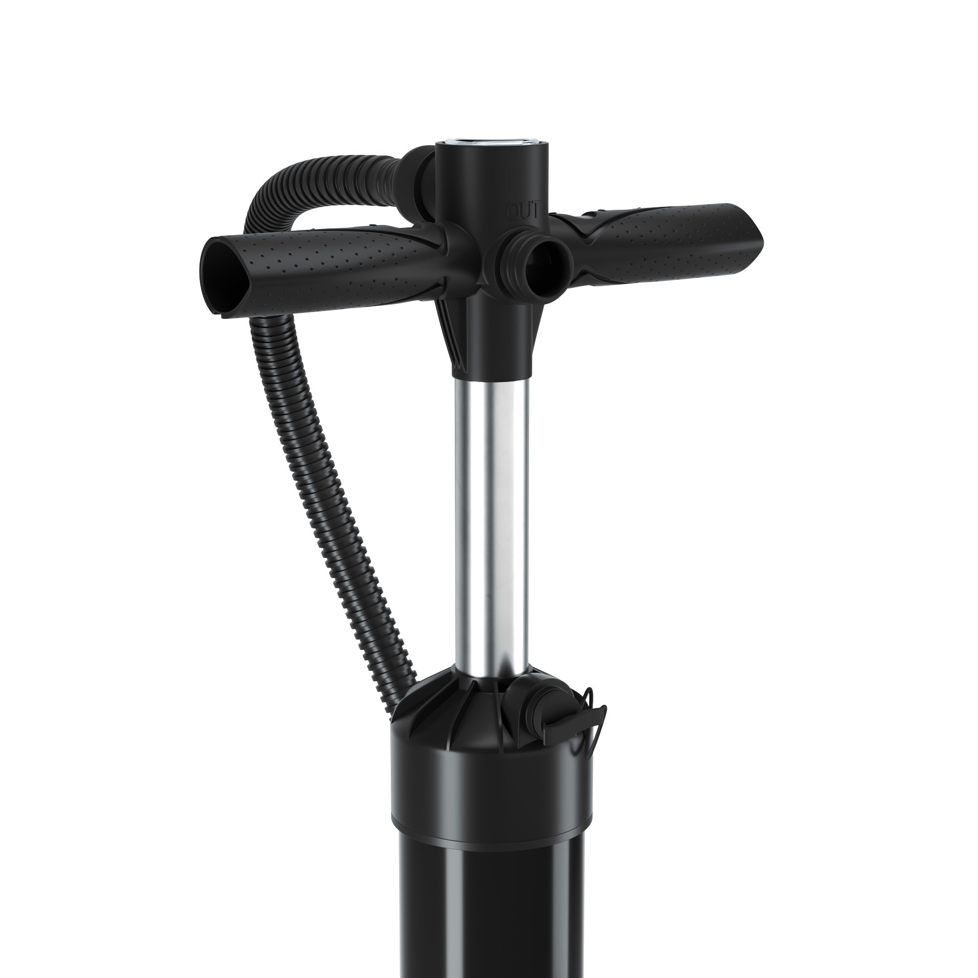 Eine schwarz-silberne Handpumpe zum Aufblasen von Gegenständen. Die Pumpe hat einen T-förmigen Griff.