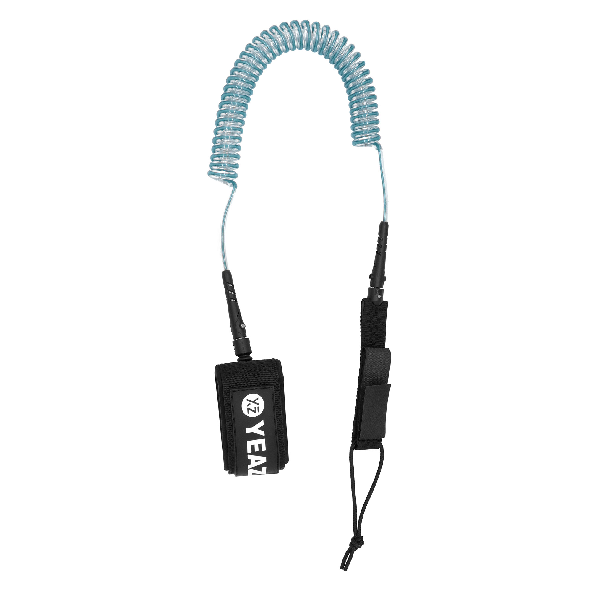 Gespannte blaue Surf-Leine mit schwarzem Handgelenkband und schwarzem Verbinder. Weißer Hintergrund.