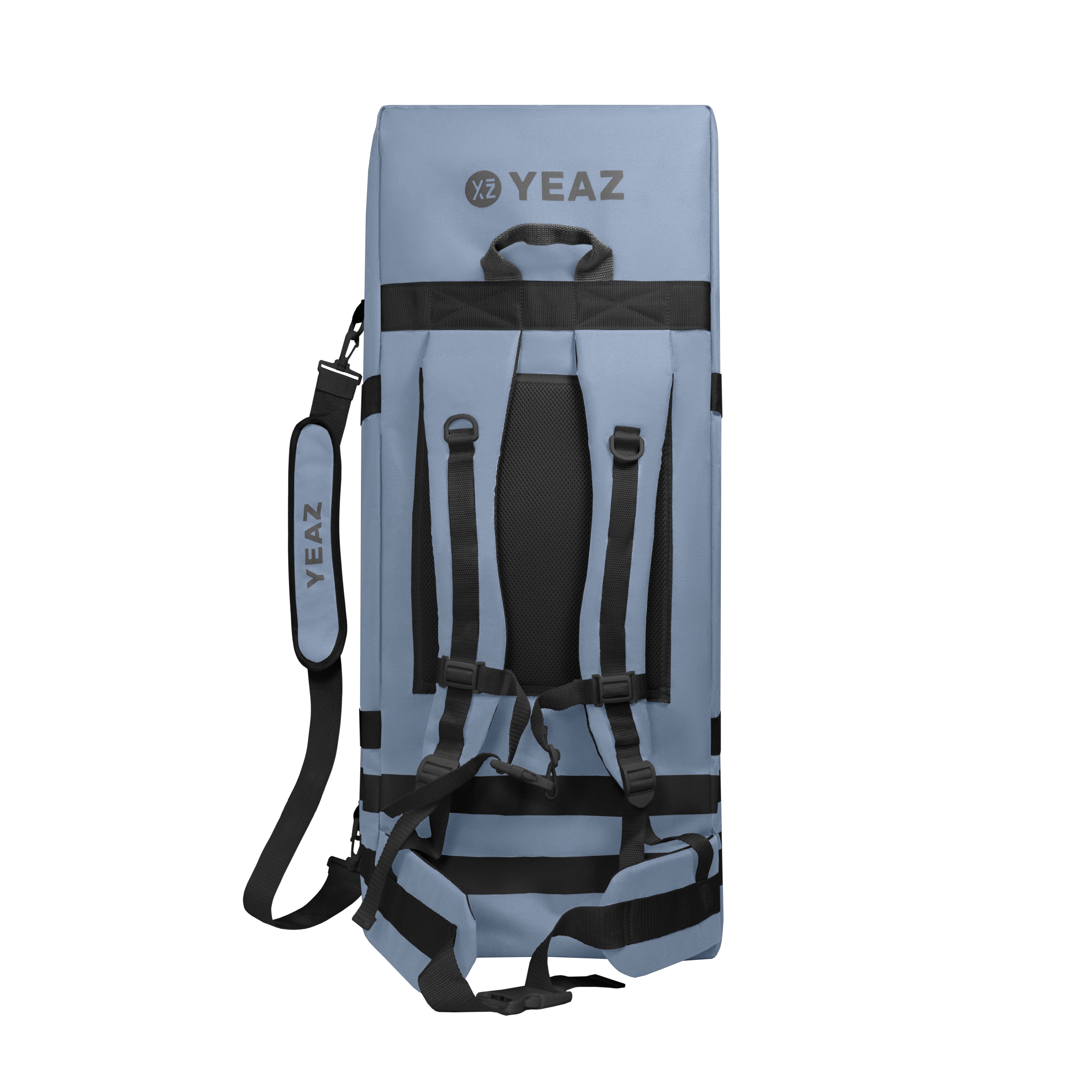 Hellblauer YEAZ-Rucksack, schwarze Gurte, Griff und Schultergurt.