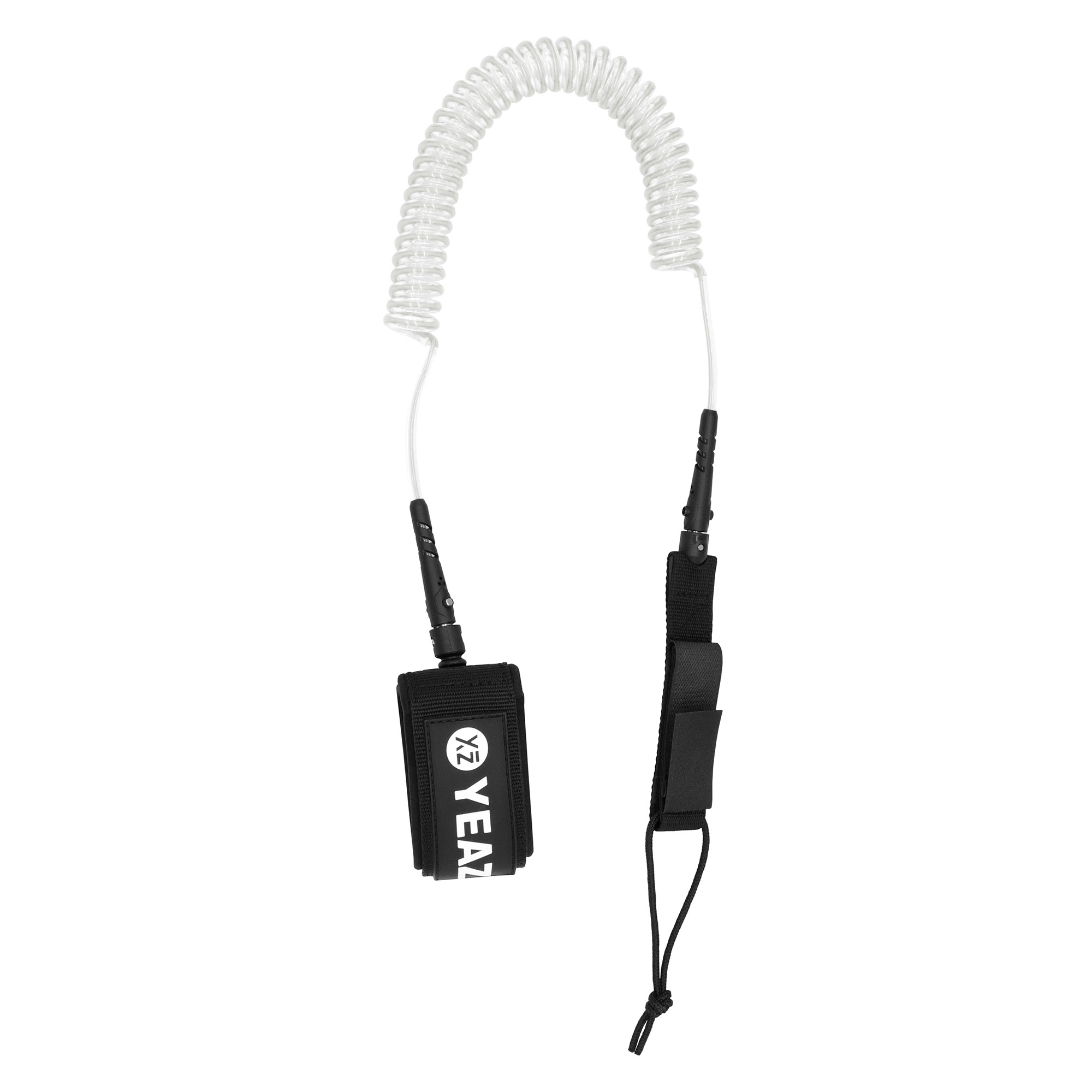 Weißes und schwarzes Surf-Leash, Spiralschnur, schwarze Anschlüsse, weißer Grund.