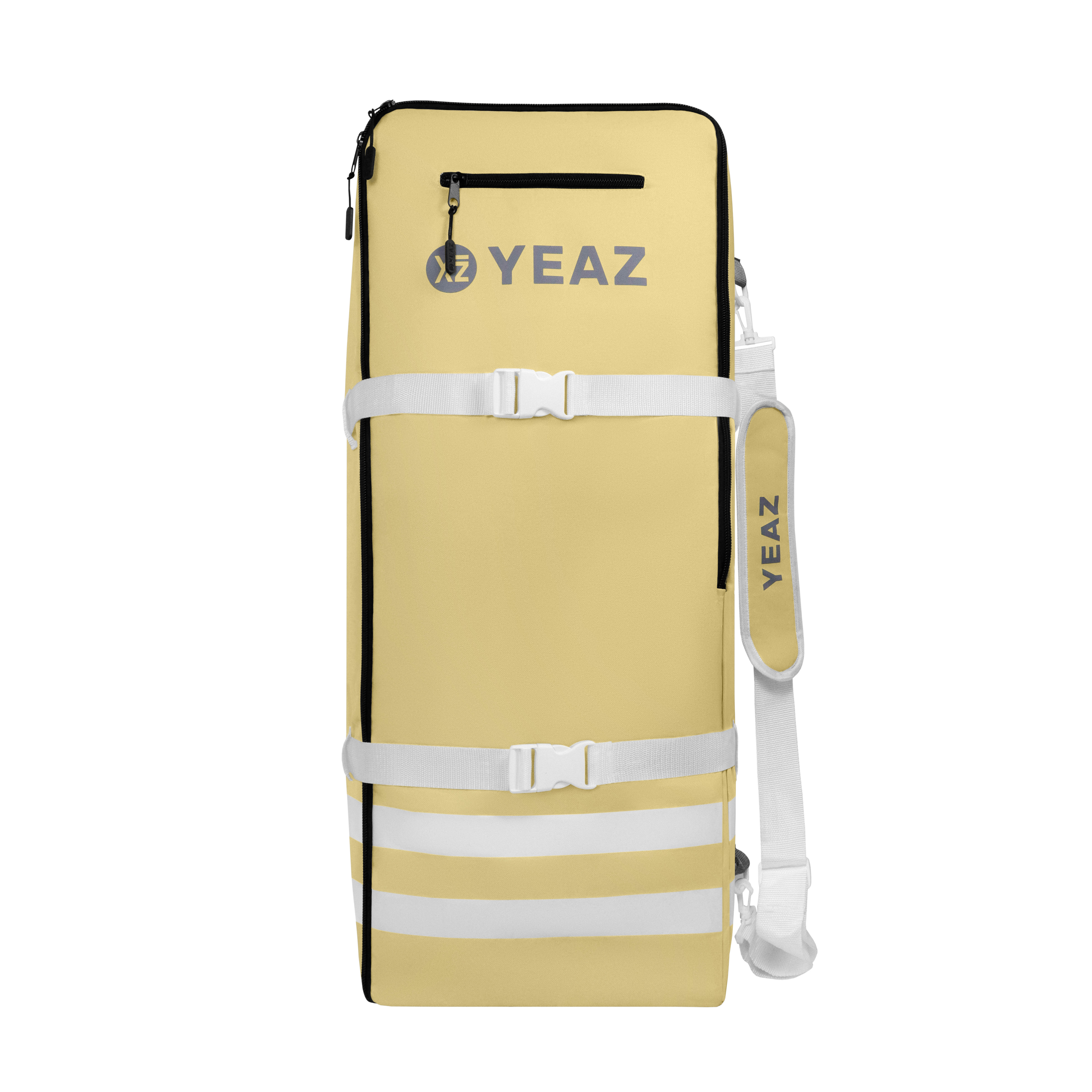 Gelbe Gepäcktasche mit weißen Streifen und Trägern. Text: YEAZ.