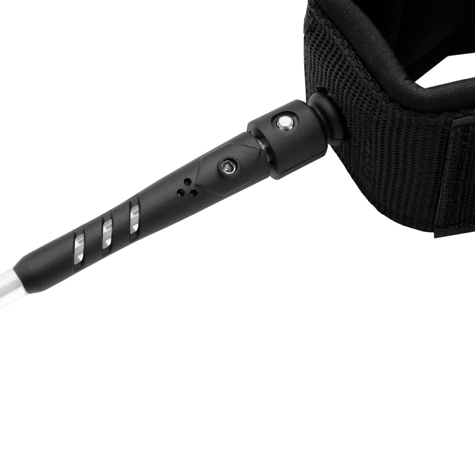 Eine schwarze Surf-Leash mit schwarzer Manschette und weißer Kordel auf weißem Hintergrund.