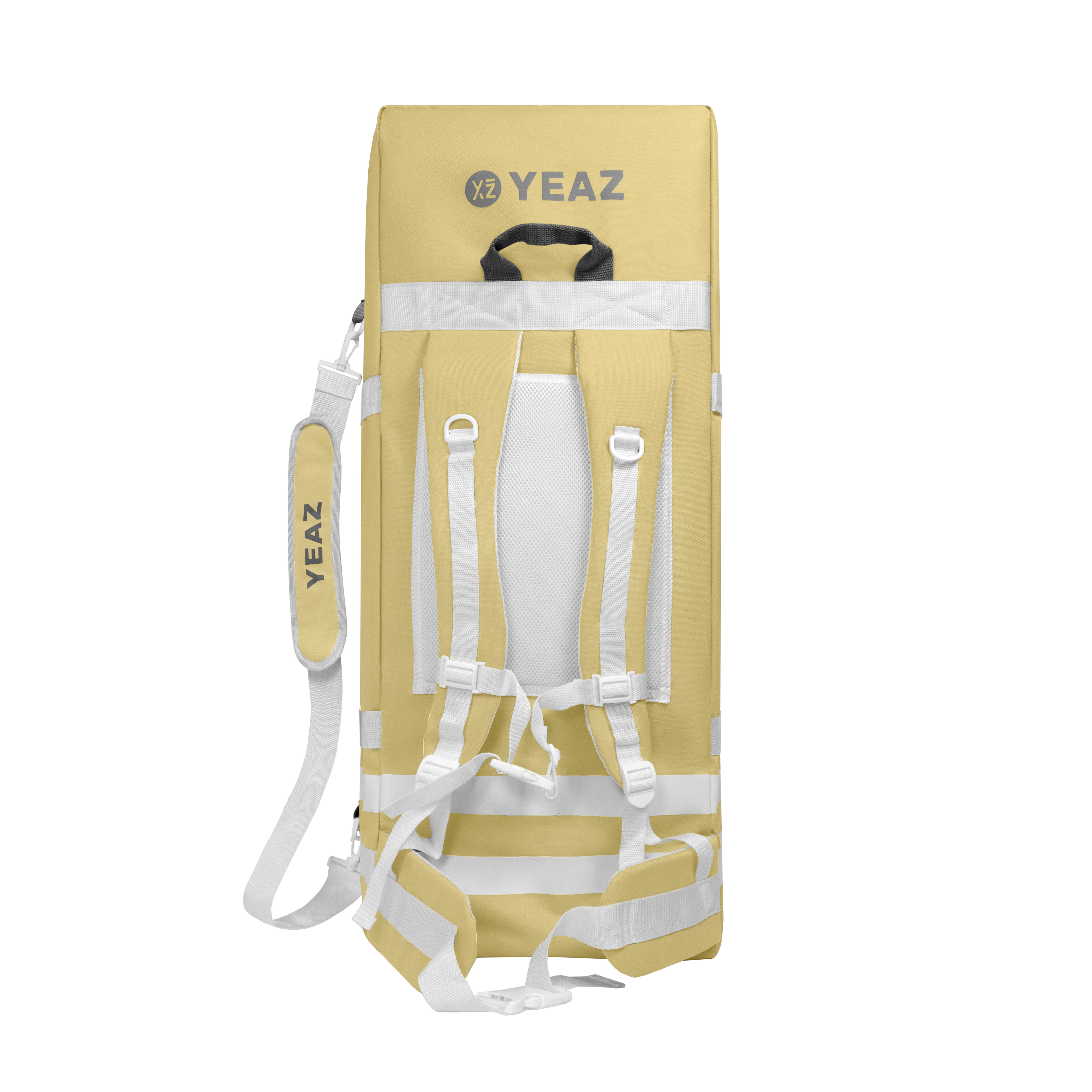 Gelber Rucksack mit weißen Streifen und Trägern, YEAZ-Logo sichtbar.