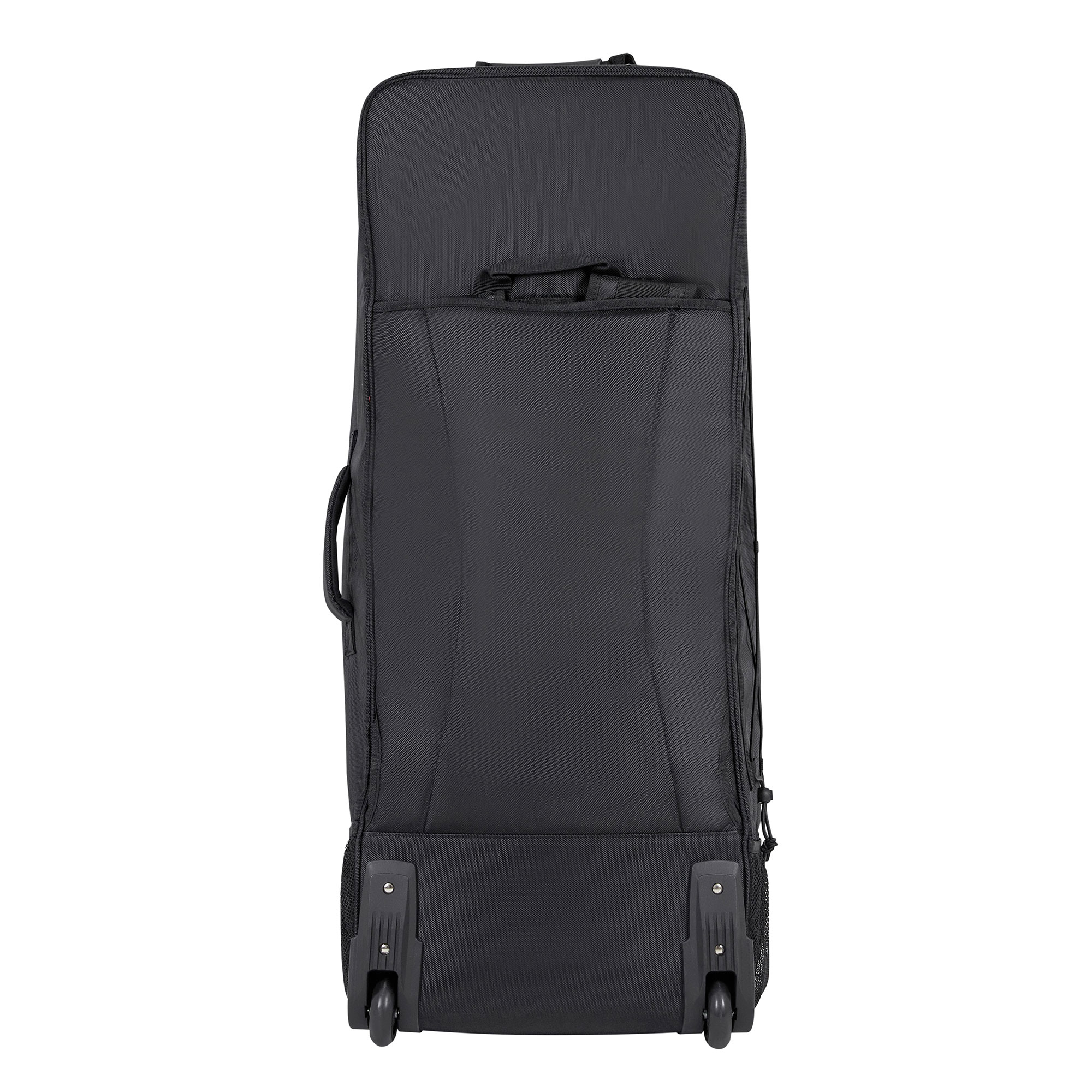 Borsa da viaggio nera, in posizione verticale, con ruote e maniglia, vista da dietro.