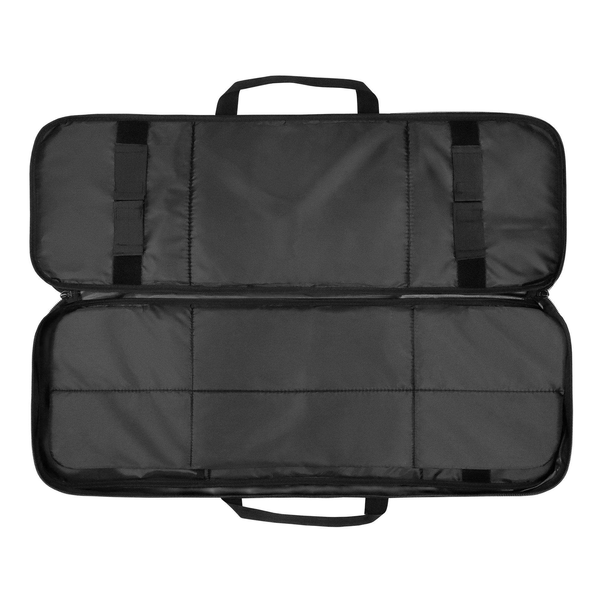 Geöffnete schwarze Gewehrtasche mit Schaumstoffpolsterung, zeigt Innenfächer.