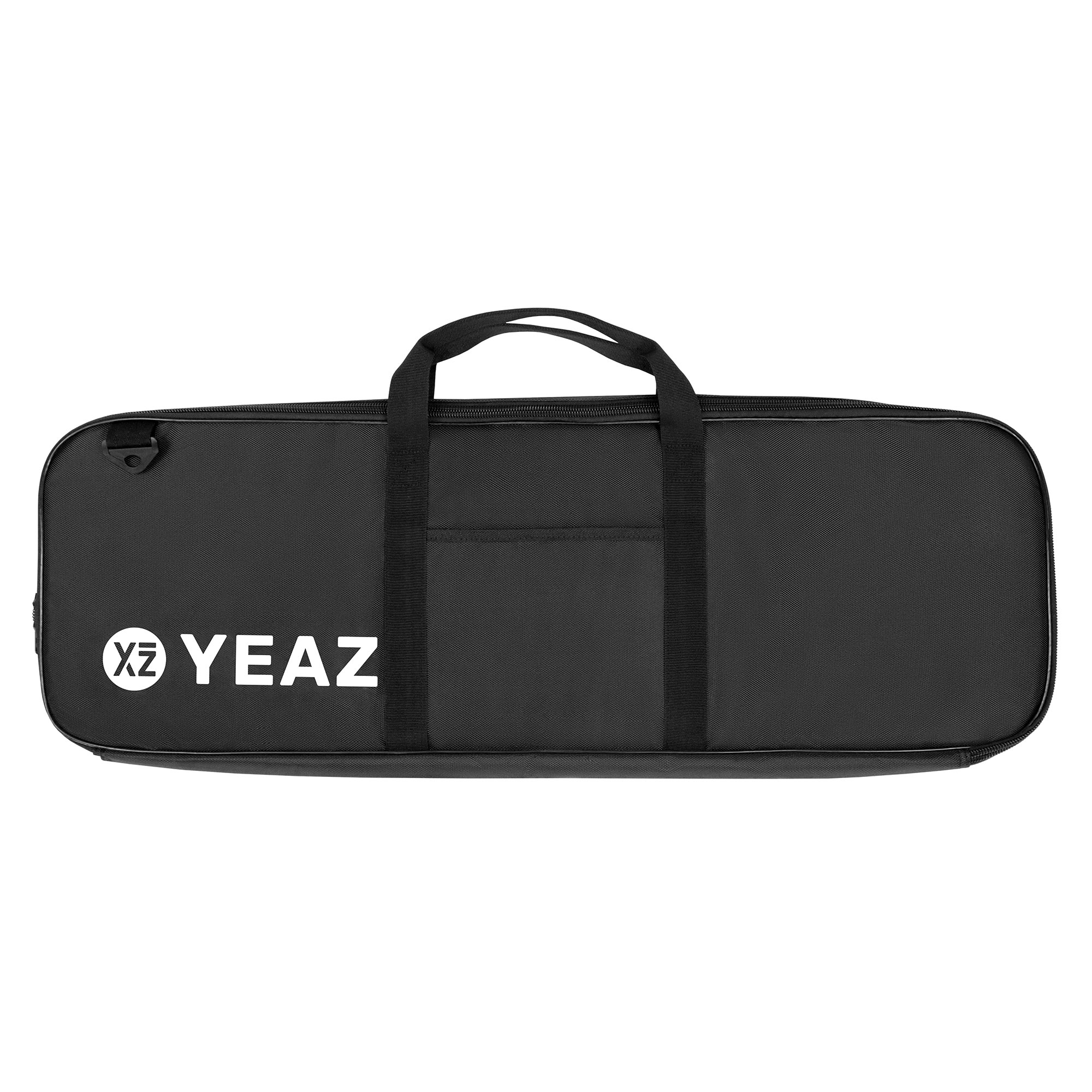 Schwarze rechteckige Tasche mit weißem 'YEAZ'-Logo. Hat Reißverschluss und Griffe.