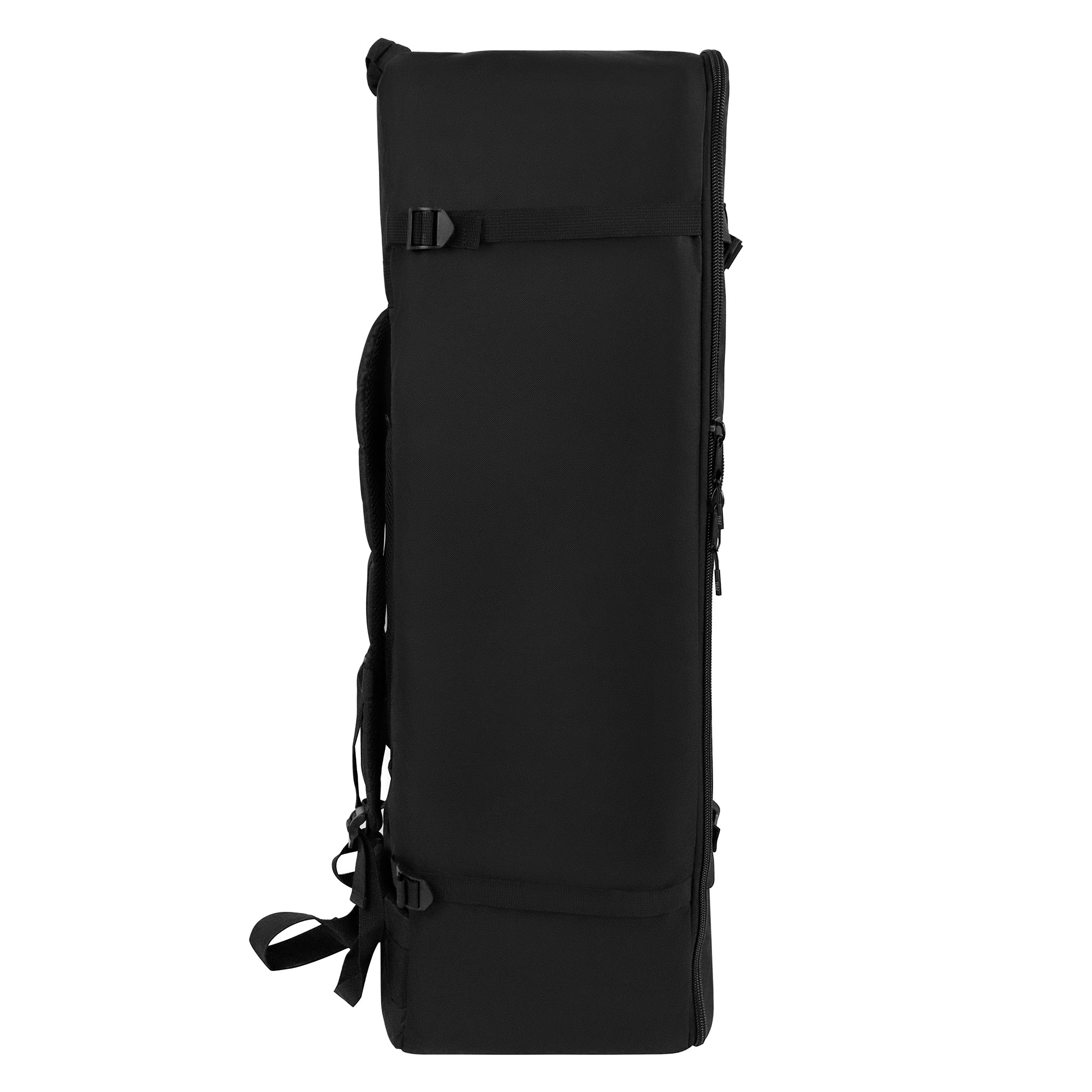 Étui de transport noir et rectangulaire avec sangles et boucles. Vue latérale.