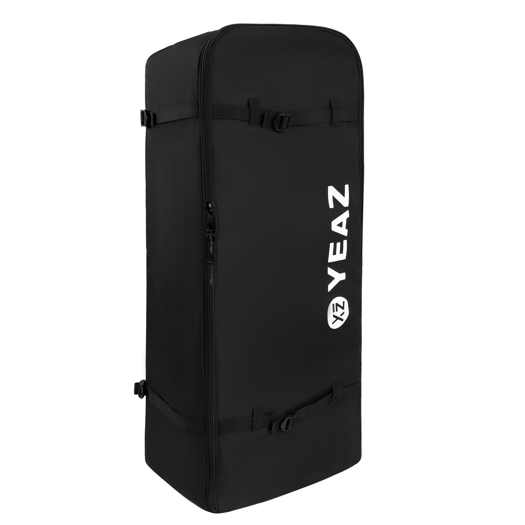 Schwarze rechteckige YEAZ-Tasche mit Reißverschluss und Riemen. Weißes YEAZ-Logo auf der Vorderseite.