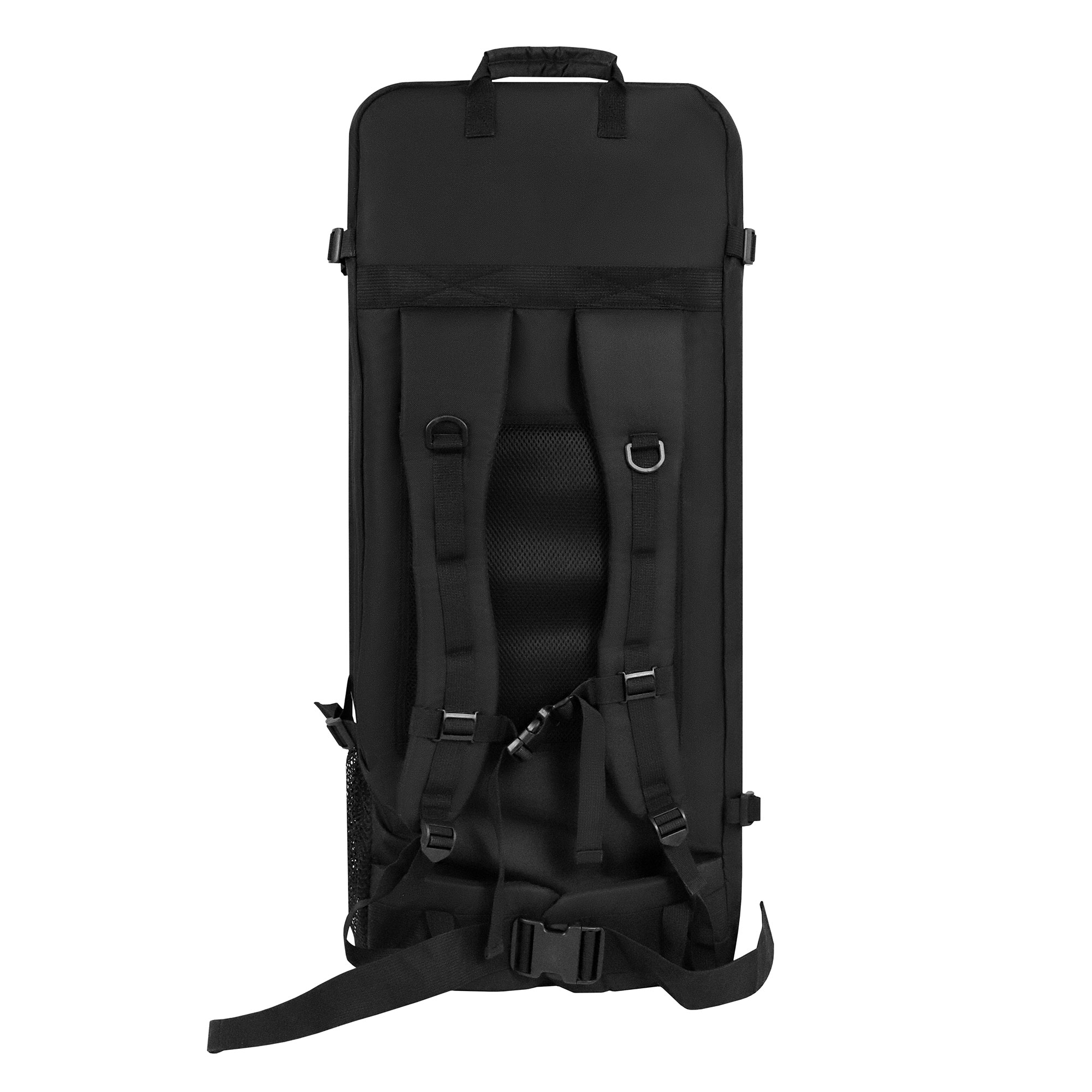Schwarzer Rucksack mit mehreren Riemen und Schnallen. Die Rückseite hat ein Netz, mit Trägern und Griffen oben.