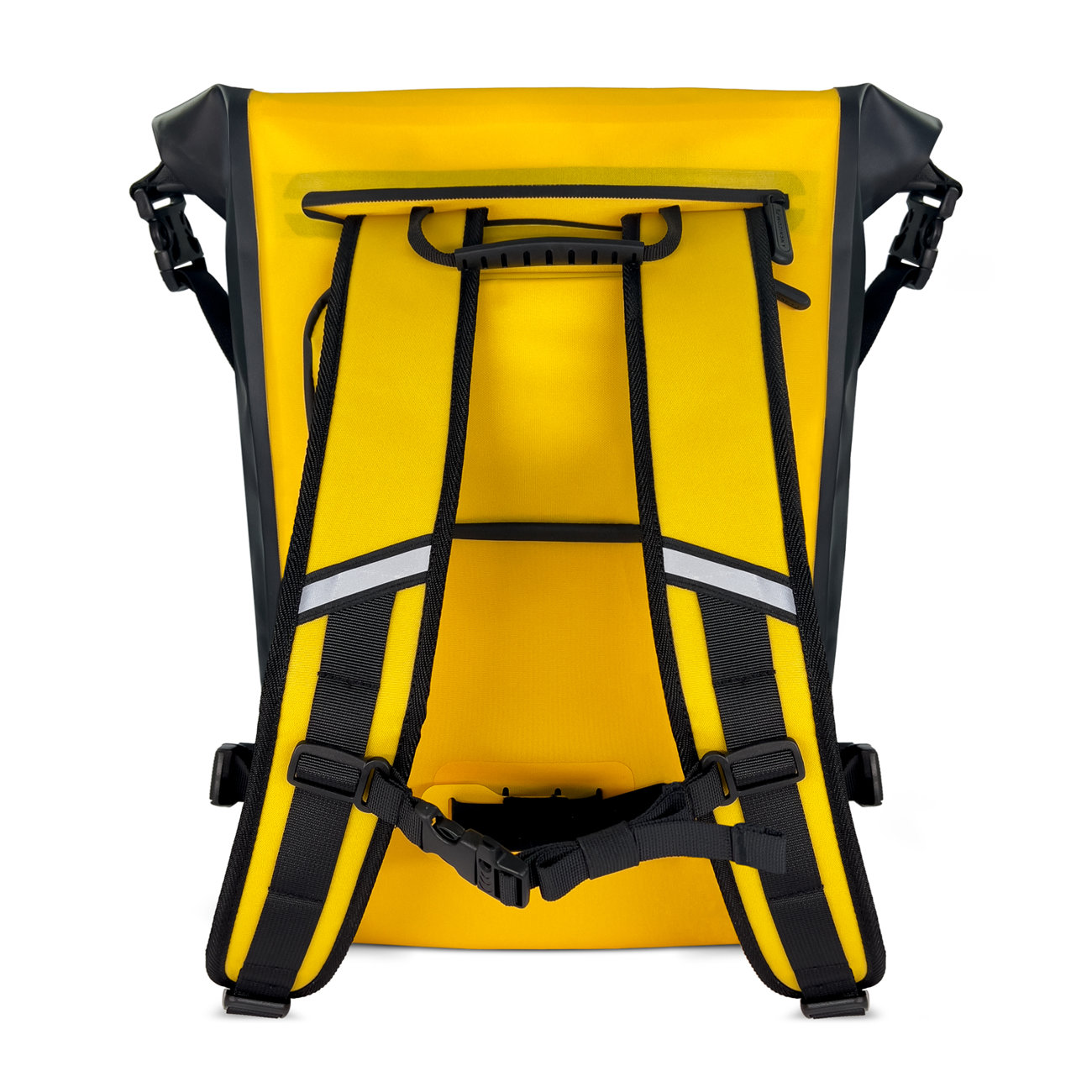 Gelber Rucksack mit schwarzen Riemen und Schnallen, weißer Hintergrund.