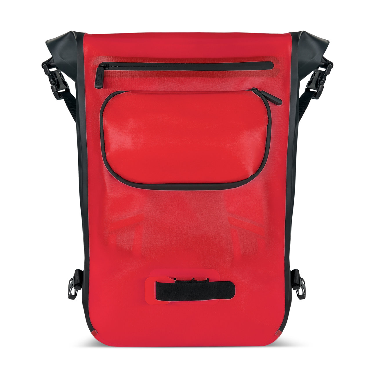 Roter wasserdichter Rucksack mit schwarzen Details, Reißverschluss und Schnallen.