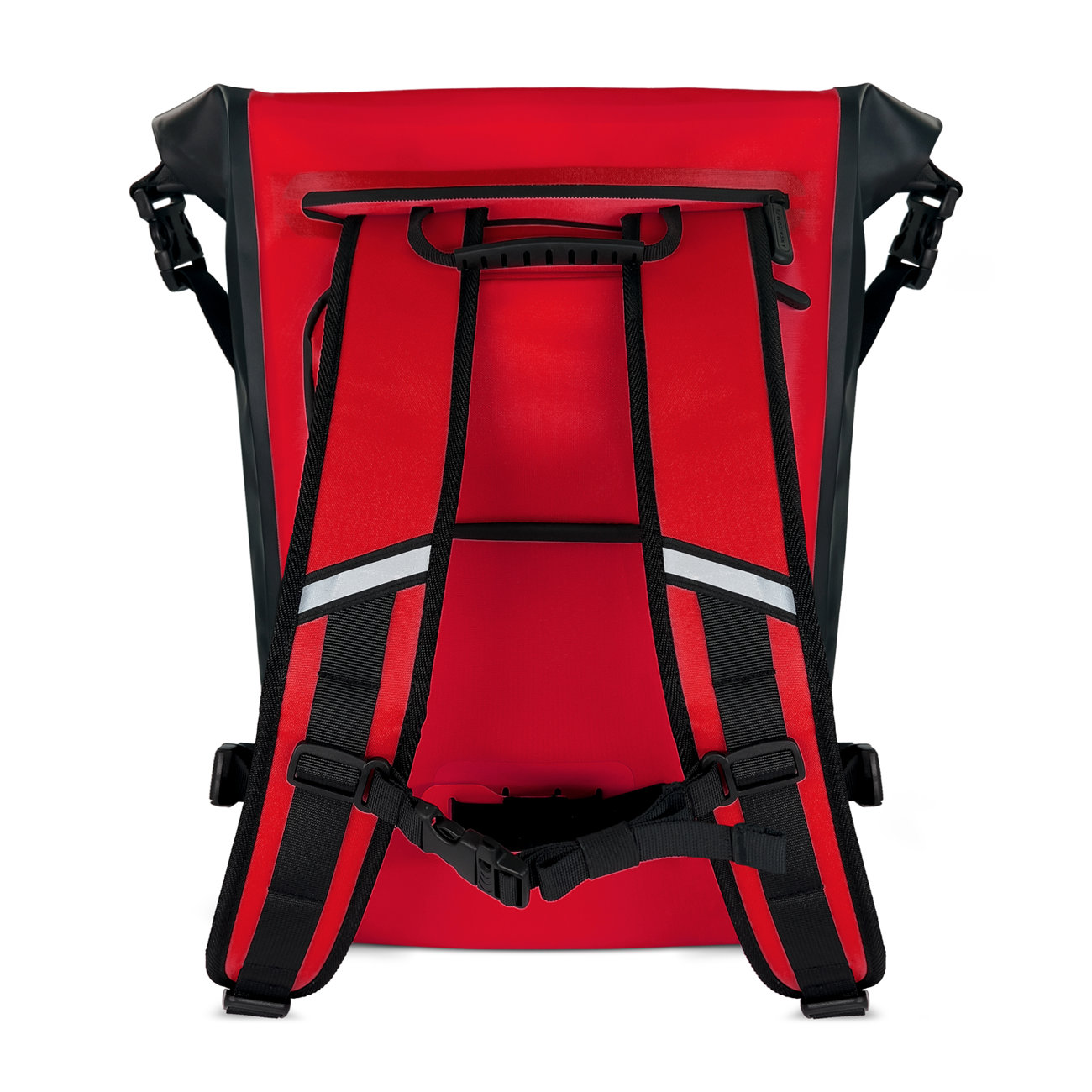 Roter Rucksack, schwarze Gurte, Schnallen und Rückenpolsterung. Weißer Hintergrund.