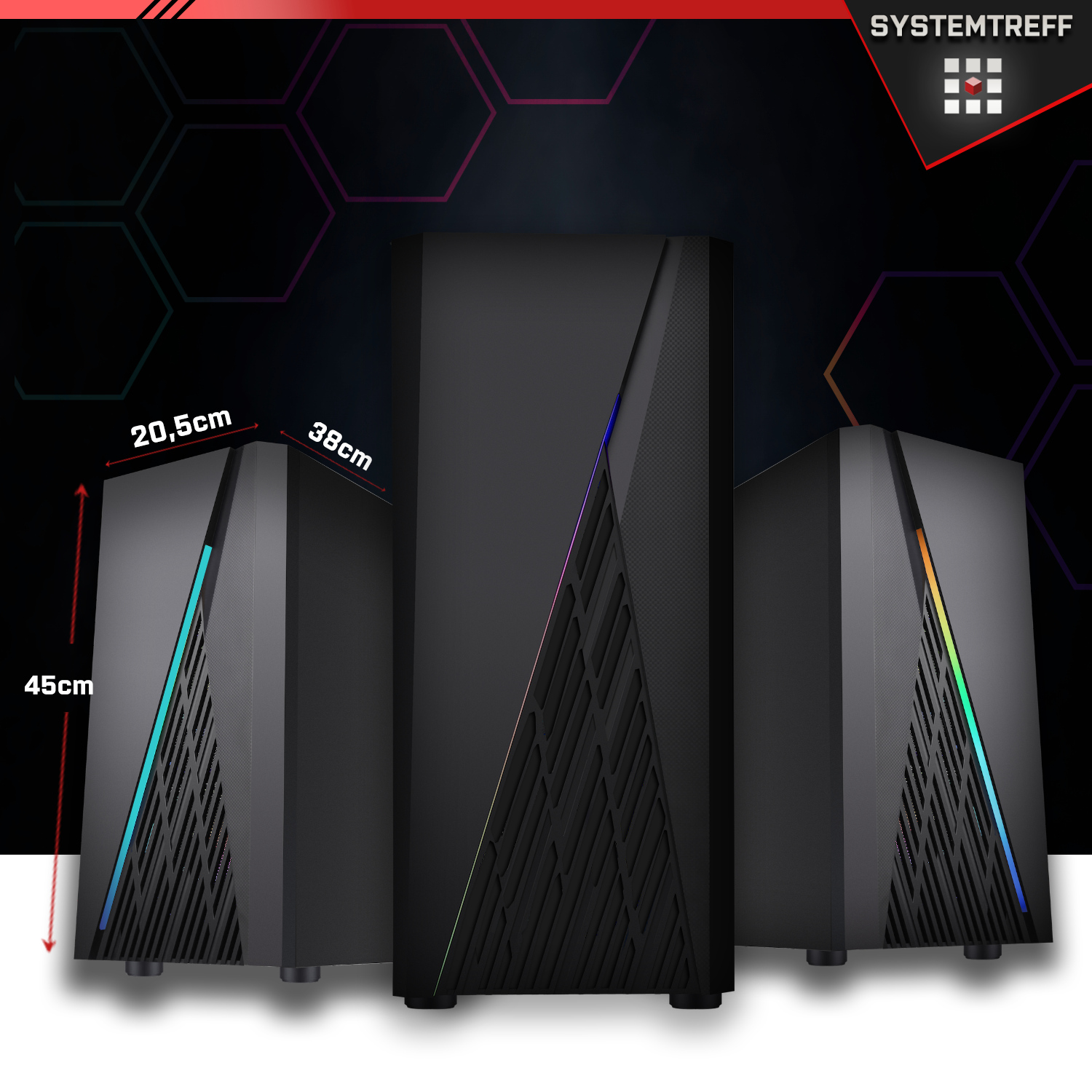 Drei schwarze Computergehäuse mit Maßen. Sechseckiger Hintergrund und rotes Banner.