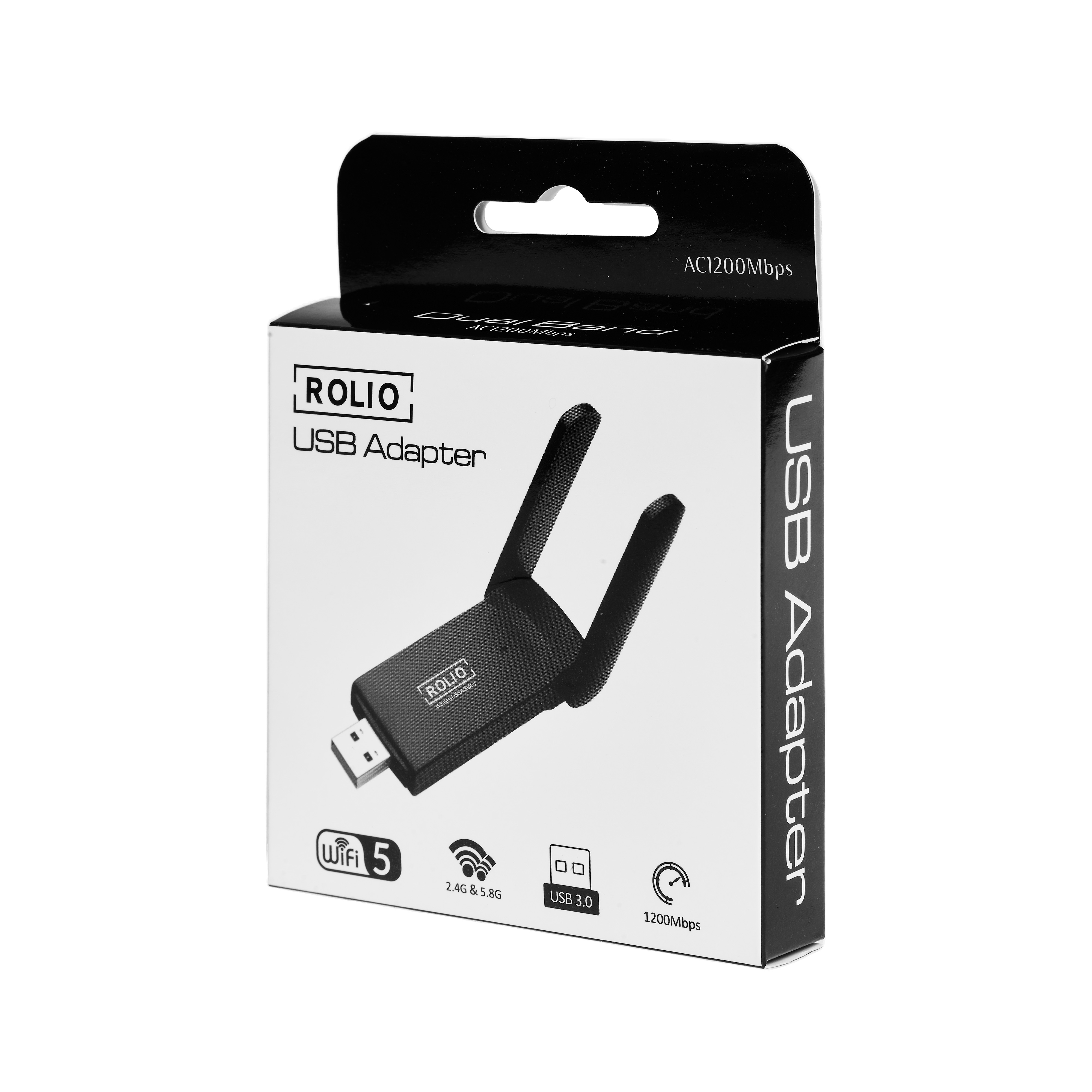 USB adapter in box. Adapter is black with two antennas. Box is white and black. 