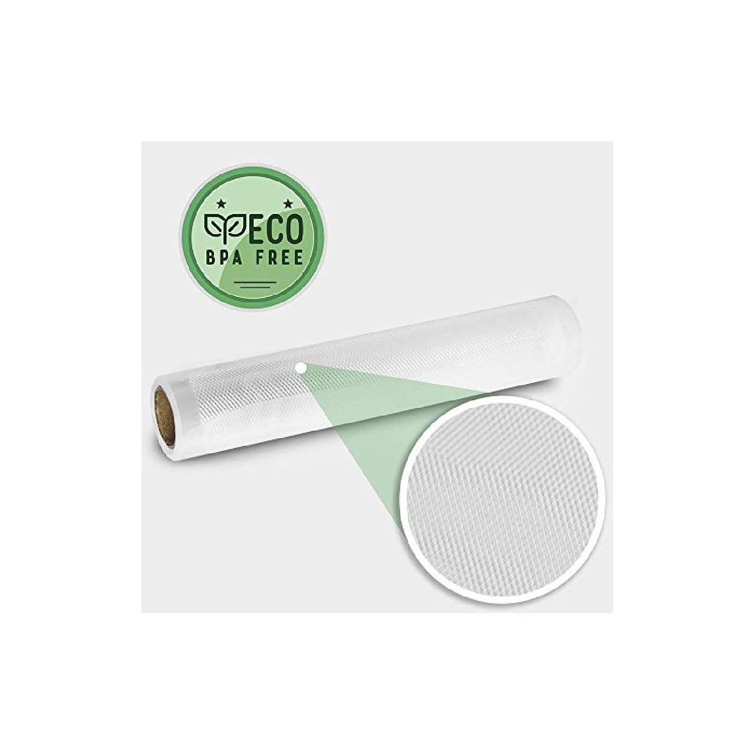 Un rotolo di sacchetti per sigillatura sottovuoto con un logo verde senza BPA e un primo piano della superficie.