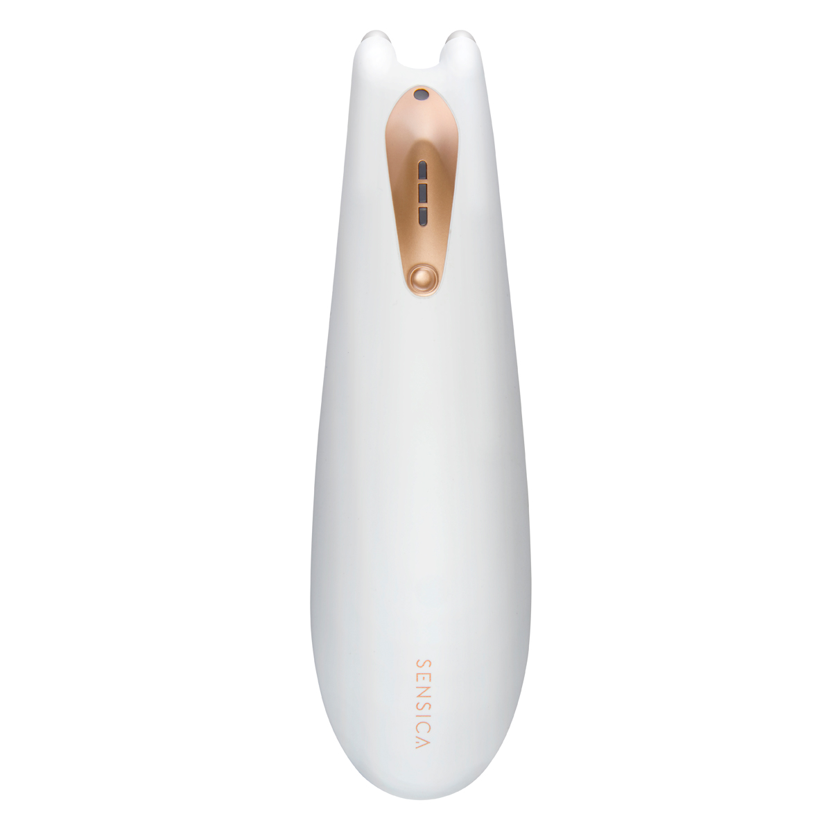 Dispositivo de belleza blanco con detalles oro rosa, sobre fondo blanco.