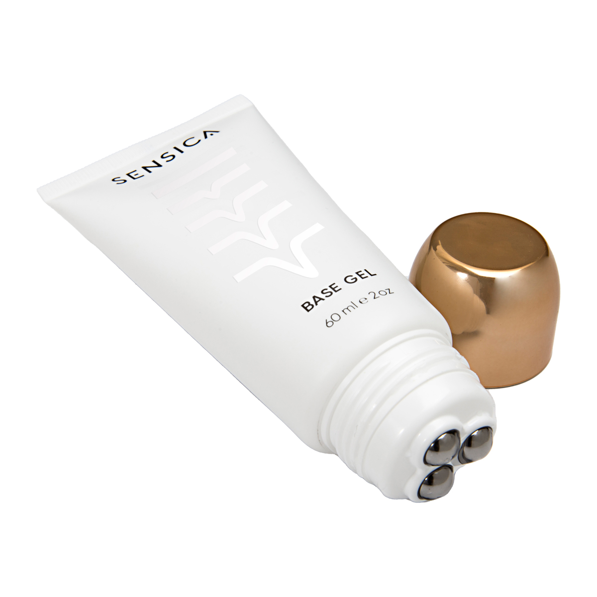 Un tubo blanco de Sensica Base Gel con tapa dorada y cabezal rodante con tres bolas metálicas.