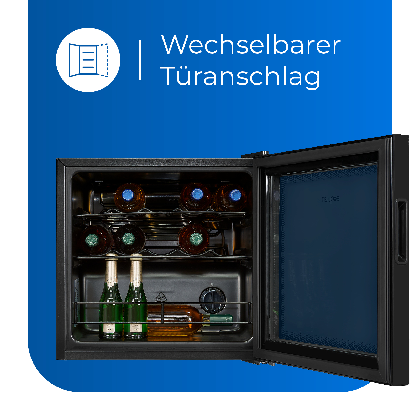 Schwarzer Weinkühler mit offener Tür, Flaschen und Weinregale. Blauer Hintergrund mit Text.