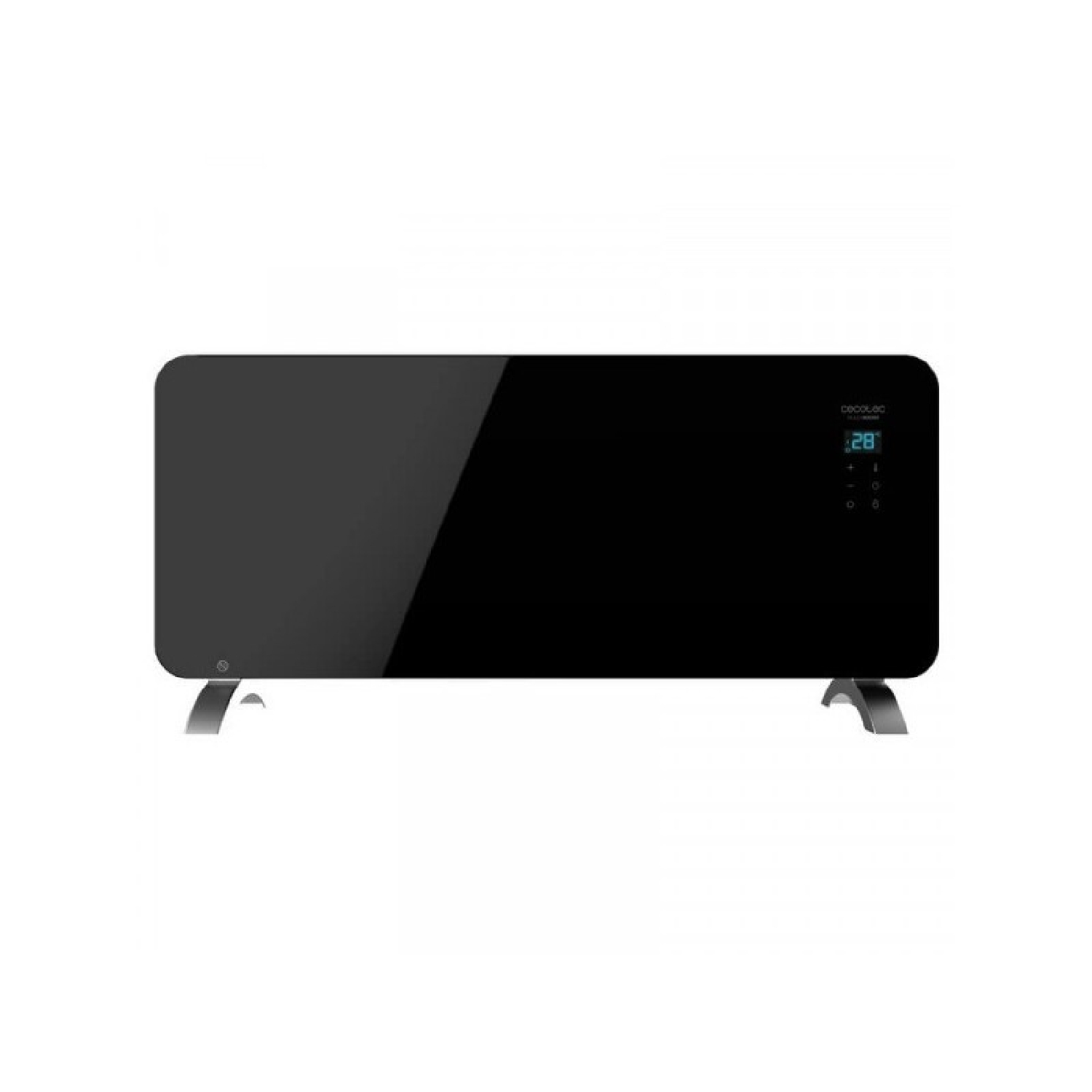 Czarny grzejnik Cecotec z cyfrowym wyświetlaczem i srebrnymi nóżkami. Białe tło.