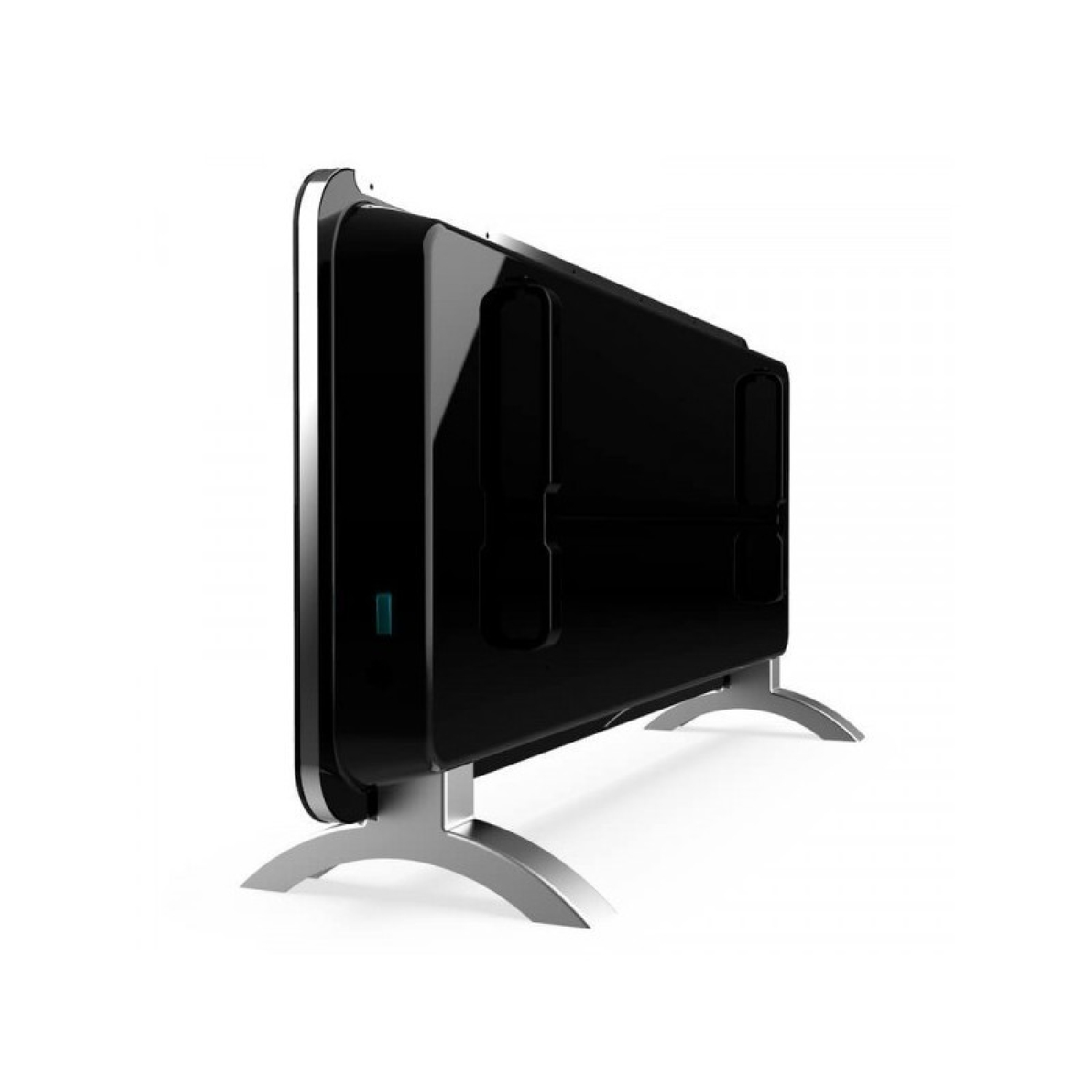 Czarny grzejnik elektryczny z boku. Srebrne nogi i zielone światło.