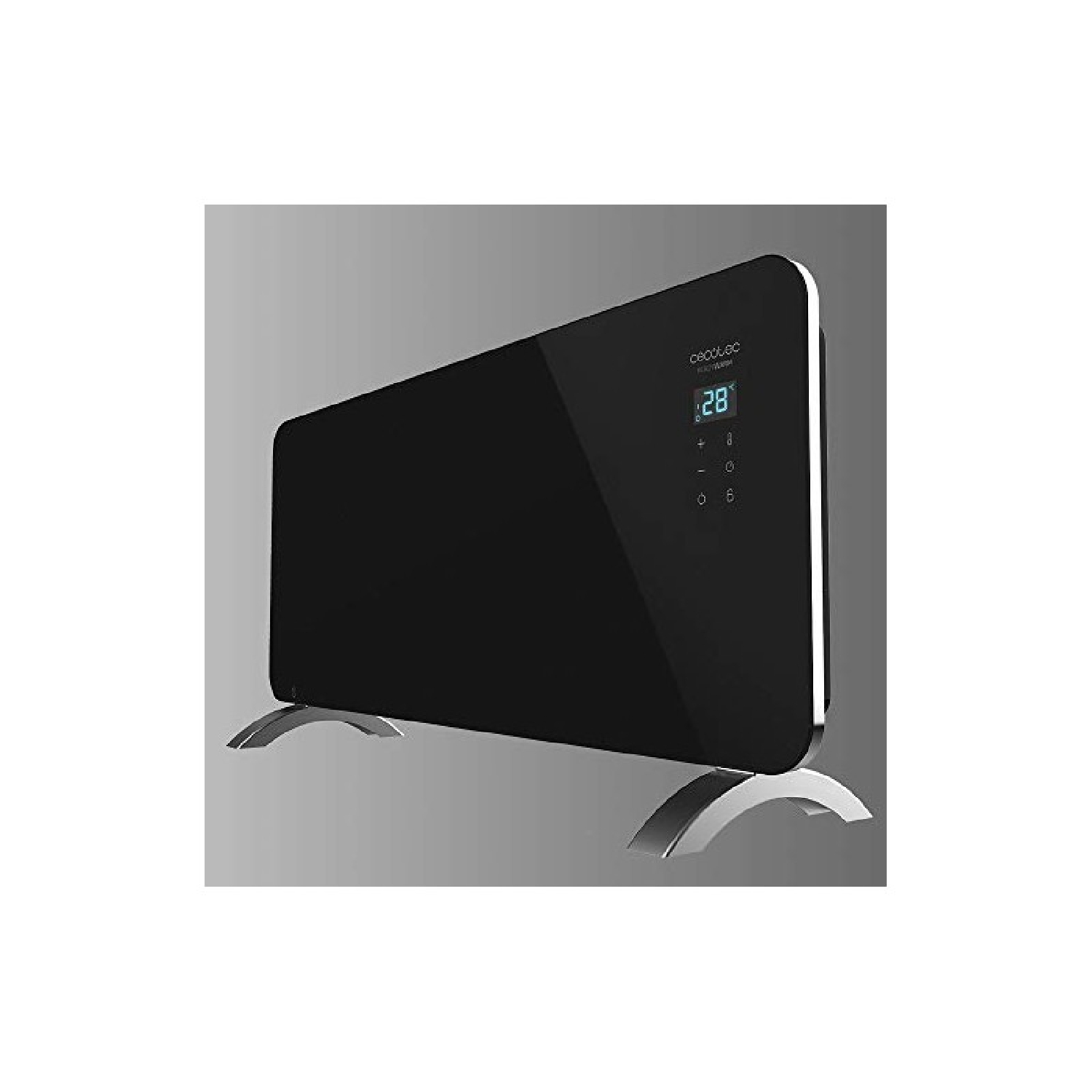 Czarny grzejnik elektryczny z cyfrowym wyświetlaczem pokazującym temperaturę, srebrne stojaki.