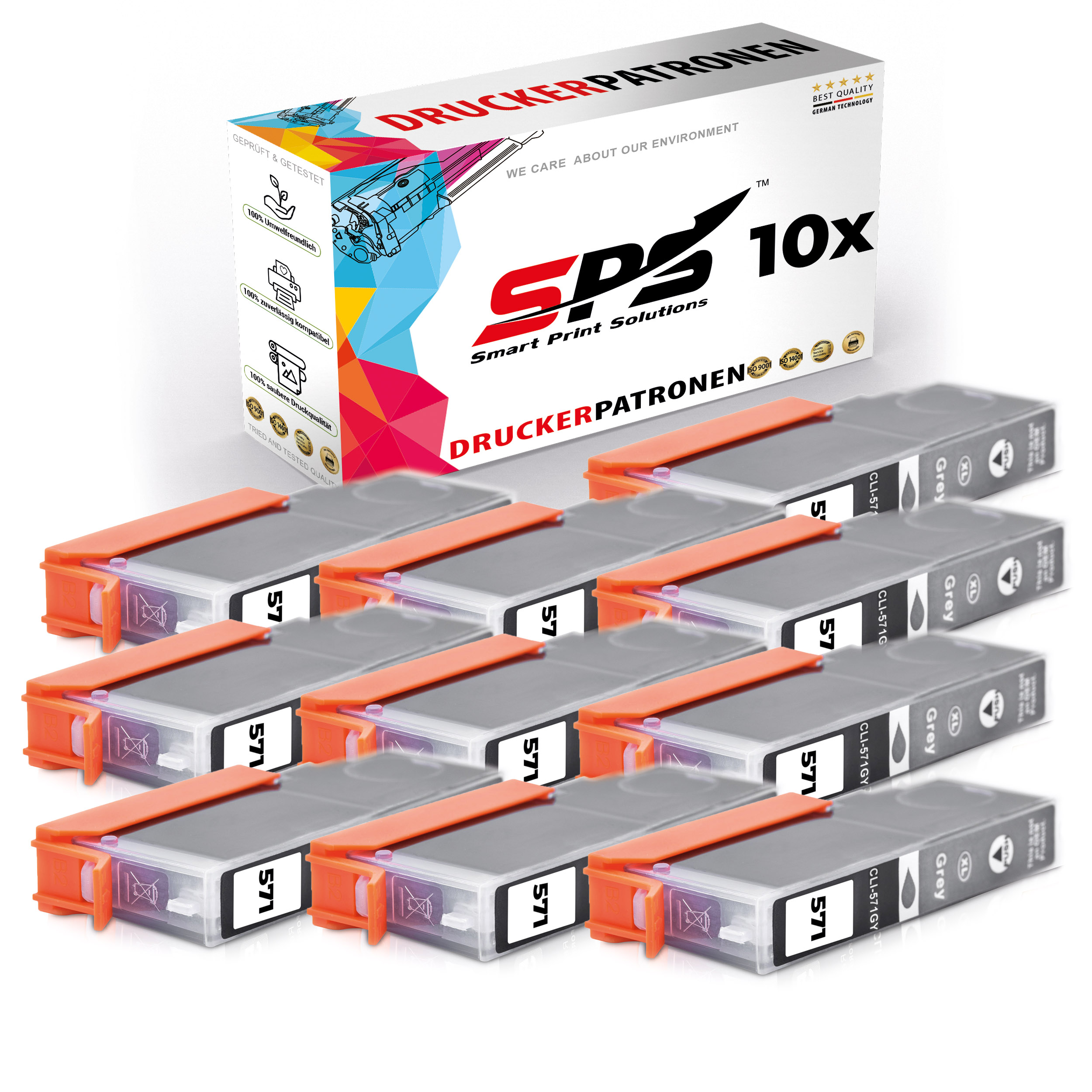 Tintenpatronen. Die orangenen Patronen befinden sich in einer Box. Die Box hat Text und Bilder.