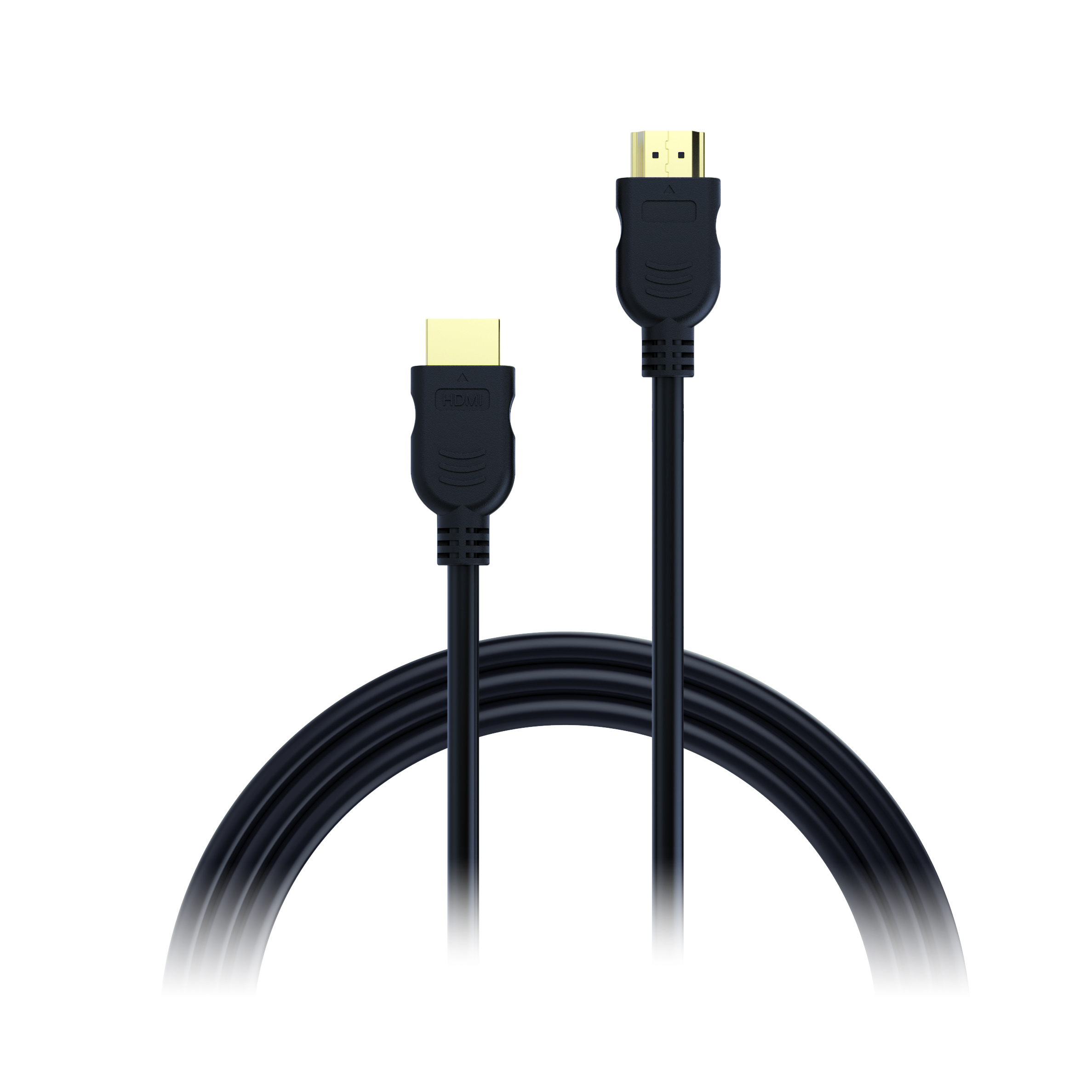 Schwarzes HDMI-Kabel mit goldenen Steckern, isoliert auf weißem Hintergrund.
