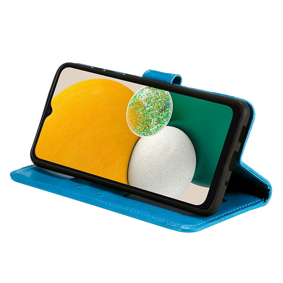 Smartphone in blauem Wallet Case, zeigt farbenfrohes Display. Gehäuse ist geöffnet.