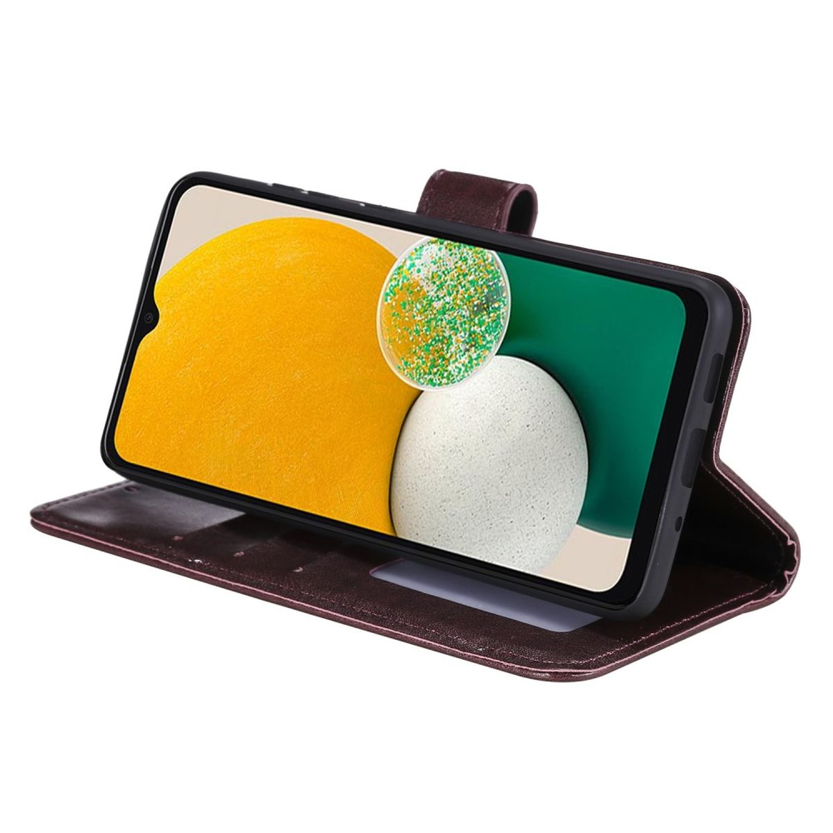 Ein Smartphone in einer braunen Lederhülle zeigt ein farbenfrohes abstraktes Bild.