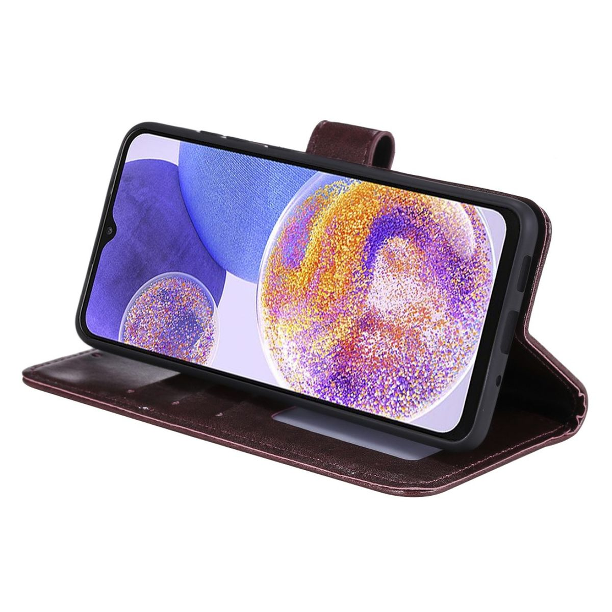 Braune Handyhülle offen, hält ein schwarzes Handy. Der Bildschirm zeigt ein lila-weißes Design.