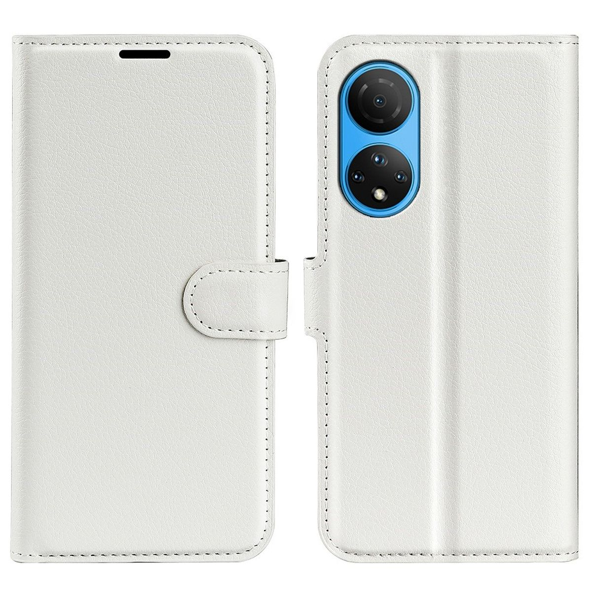 Weißes Handy-Case, geöffnet, um ein Telefon mit blauem Kameramodul zu zeigen. Lederstruktur.