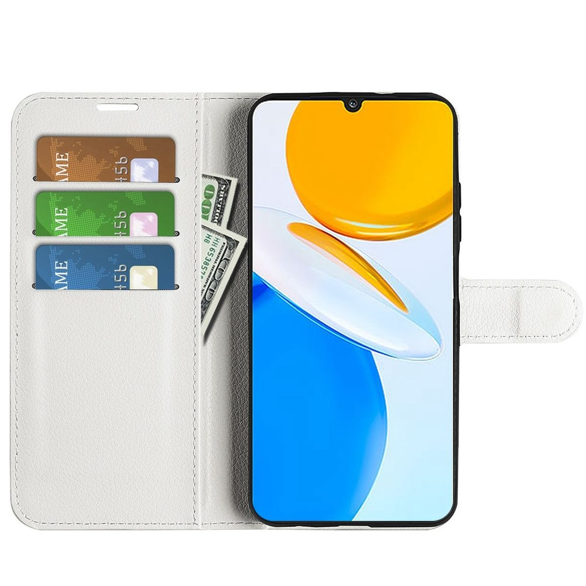 Eine weiße Handyhülle mit Karten und Geld darin, mit einem Telefon darin, vor weißem Hintergrund.
