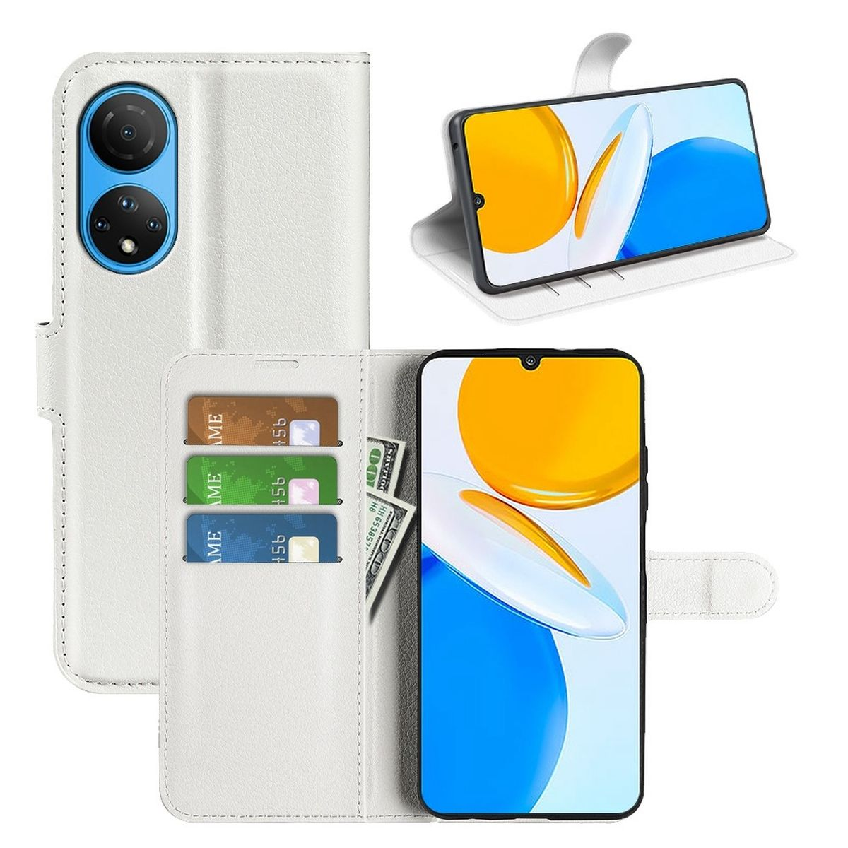 Weiße Handyhülle mit Kartenfächern und einem Telefon mit gelb-blauen Grafiken auf dem Bildschirm.
