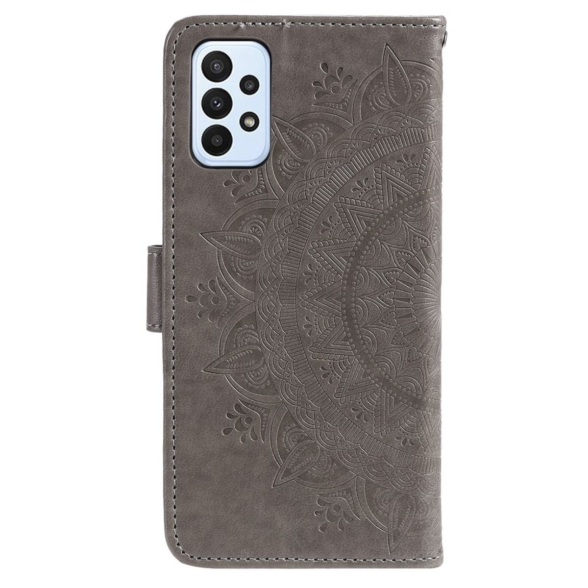 Graue Handyhülle mit geprägtem Mandala-Design. Kameraaussparungen oben links.