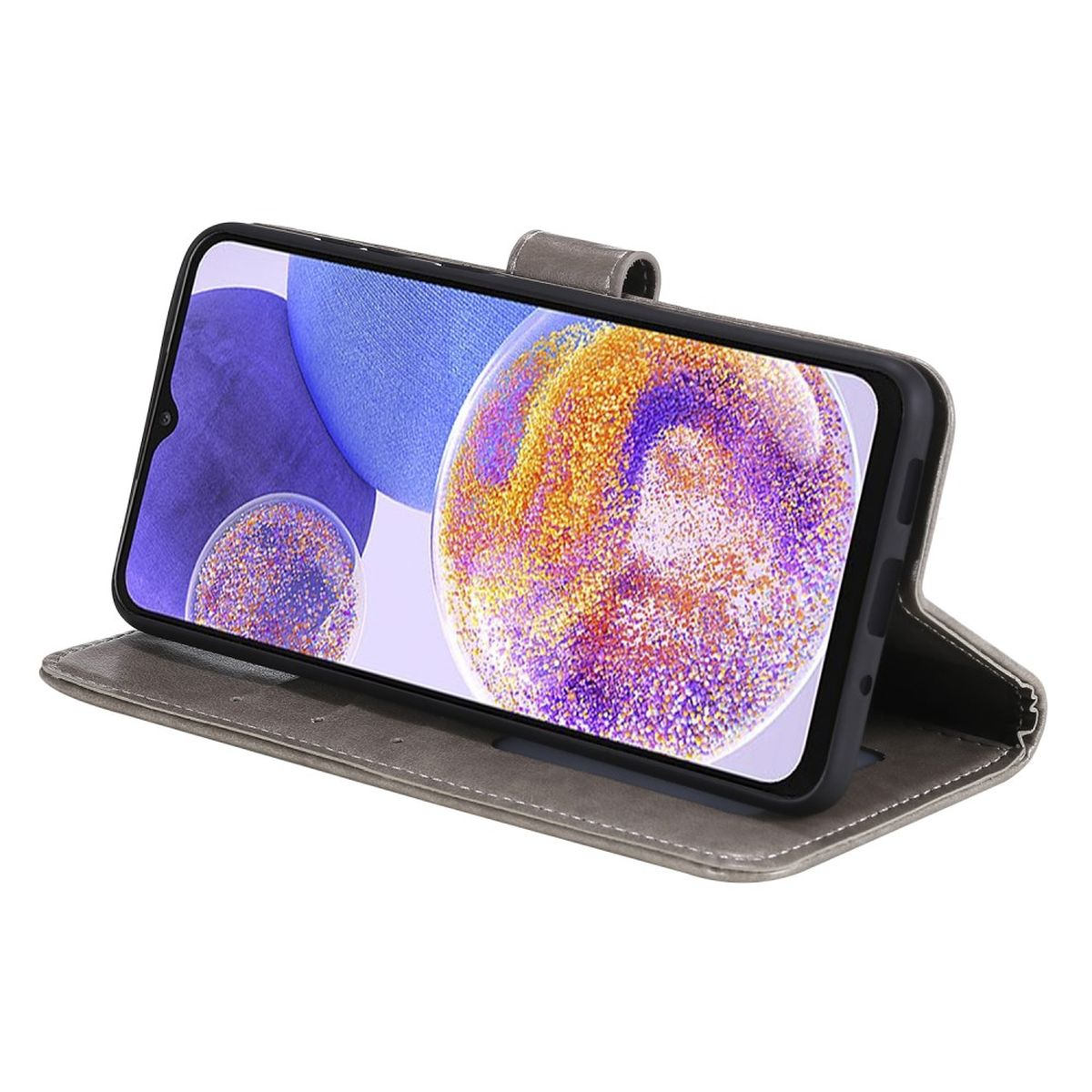 Ein Smartphone in einer grauen Klapphülle, das ein farbenfrohes abstraktes Bild zeigt.
