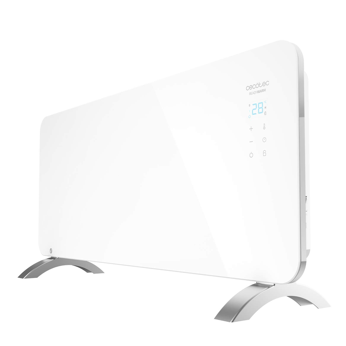 Biały grzejnik elektryczny z wyświetlaczem cyfrowym. Ma zakrzywioną, nowoczesną konstrukcję.