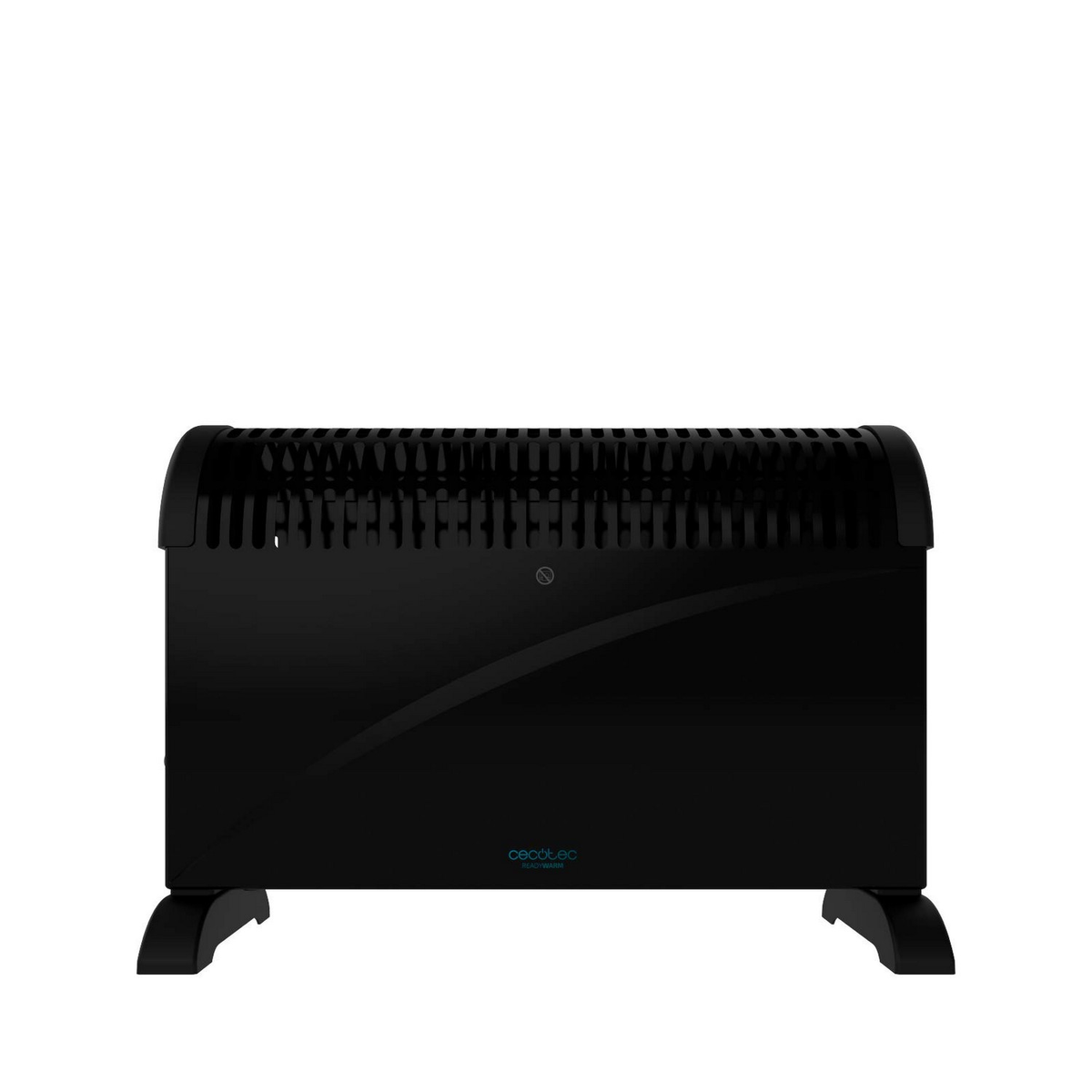 Un calefactor negro. Tiene una parte superior curvada con rejilla y pies. El fondo es blanco.