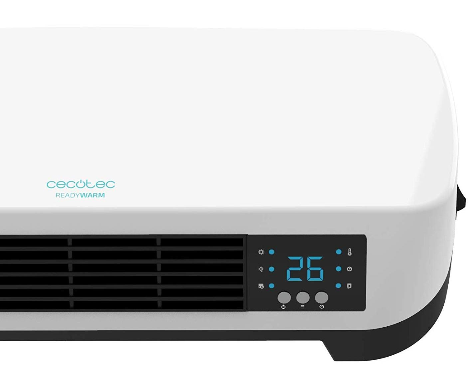 Biały grzejnik naścienny z cyfrowym wyświetlaczem pokazującym temperaturę.