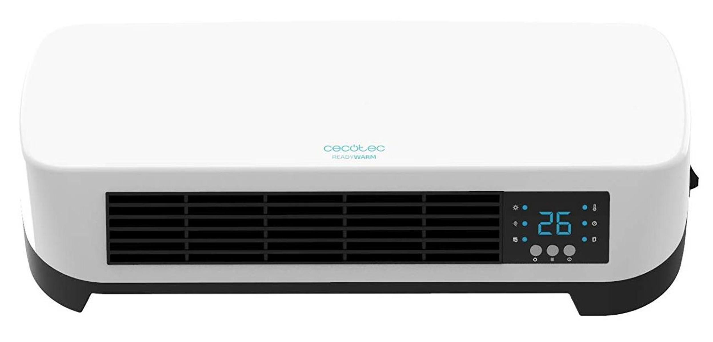 Biały, prostokątny grzejnik Cecotec Ready Warm z czarną kratką i wyświetlaczem cyfrowym.