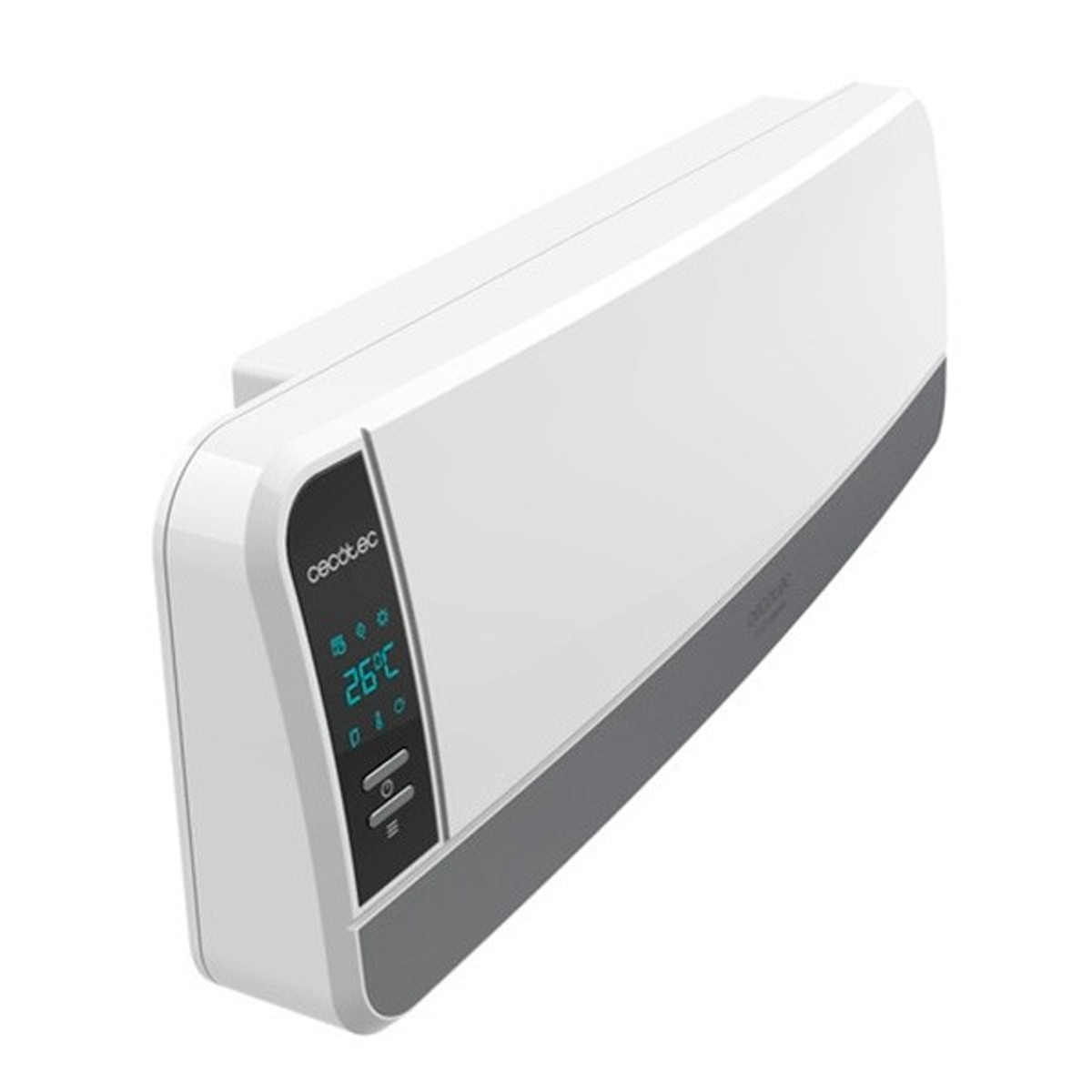 Biały klimatyzator naścienny z cyfrowym wyświetlaczem temperatury i ustawień, szary akcent.