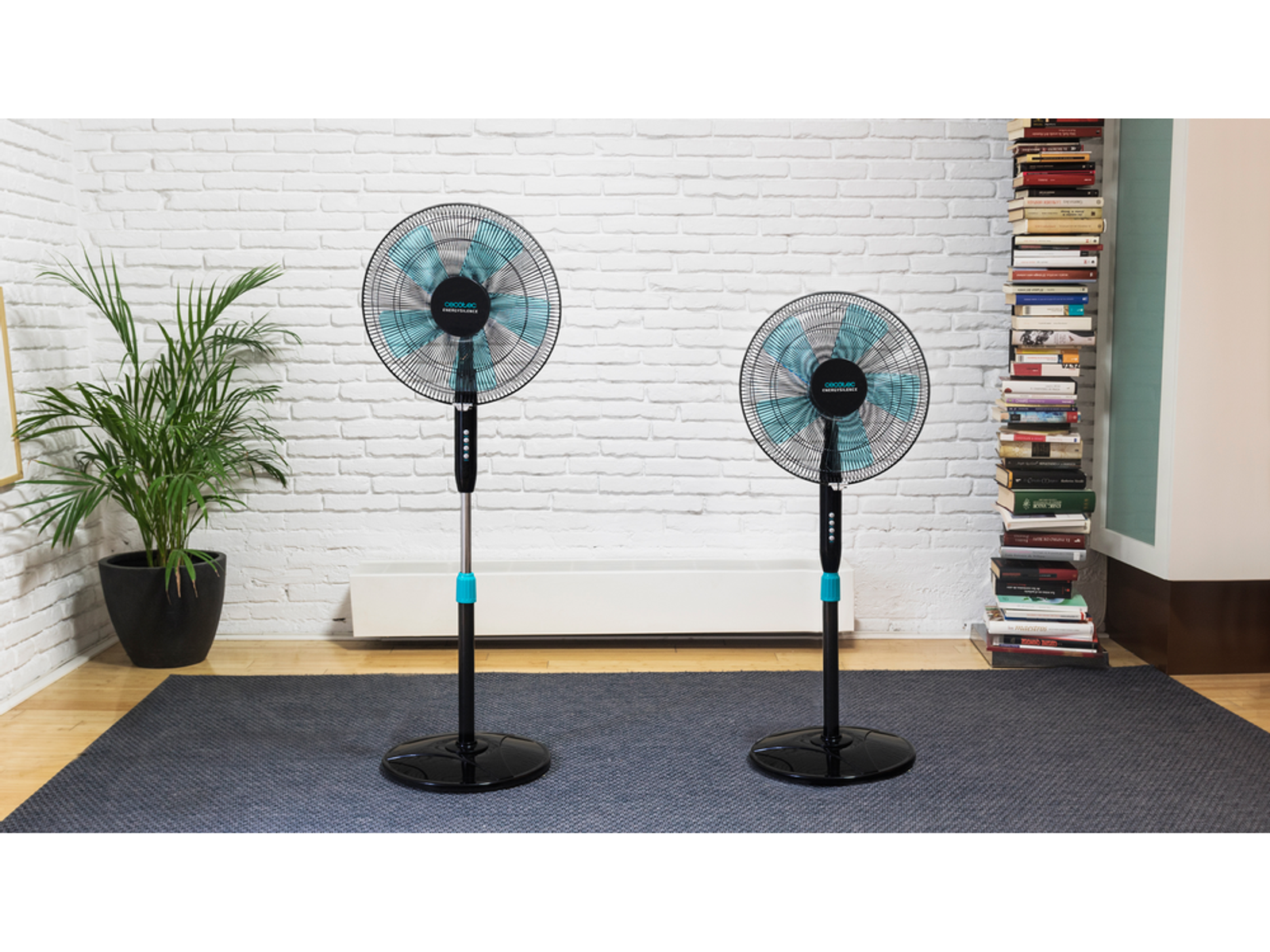 Dwa czarne i turkusowe wentylatory stojące na szarej macie, na tle białej ceglanej ściany.