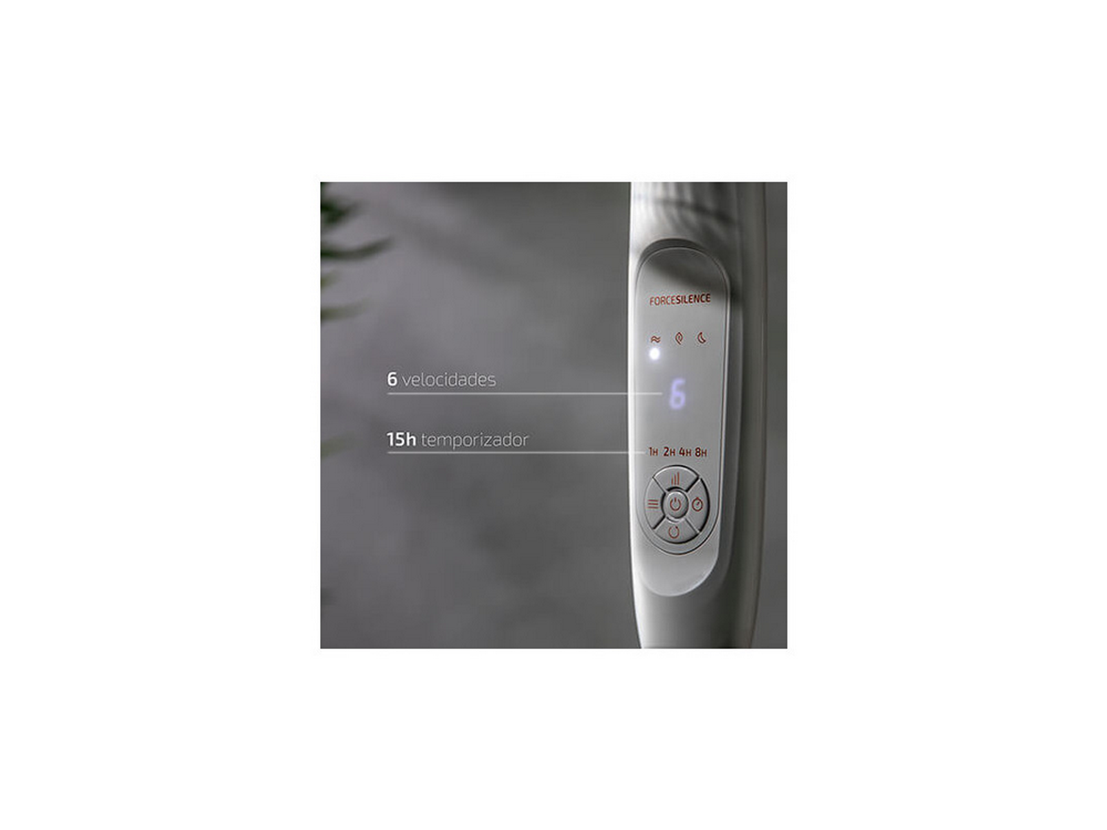 Zbliżenie panelu sterowania wentylatora pokazujące liczbę 6 dla prędkości i ustawienie timera na 15h.