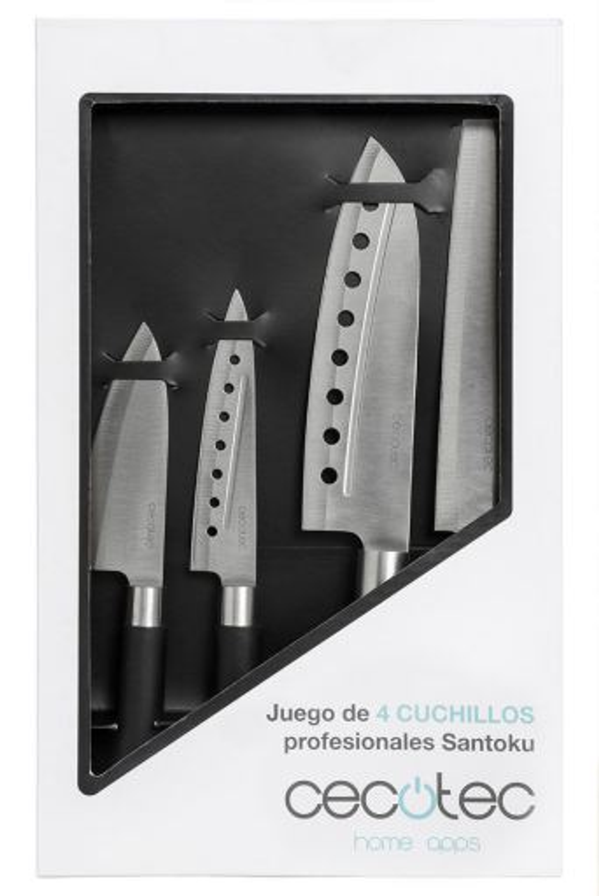Zestaw czterech noży w pudełku. Noże mają srebrne ostrza i czarne uchwyty, 'Santoku'.