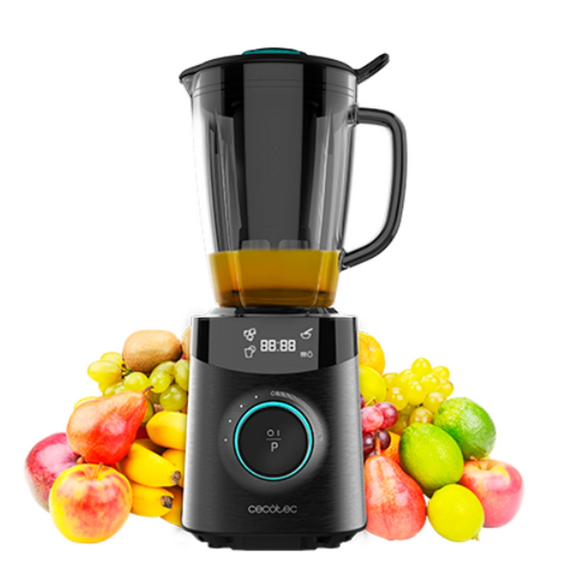 Czarny blender ze szklanym dzbanem, otoczony różnymi owocami. Widoczny wyświetlacz cyfrowy.