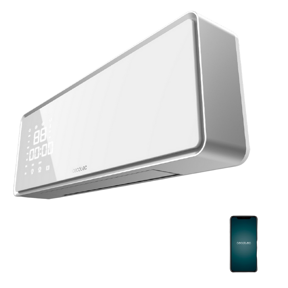 Condizionatore bianco con display digitale. Un telefono con logo è visibile in basso a destra.