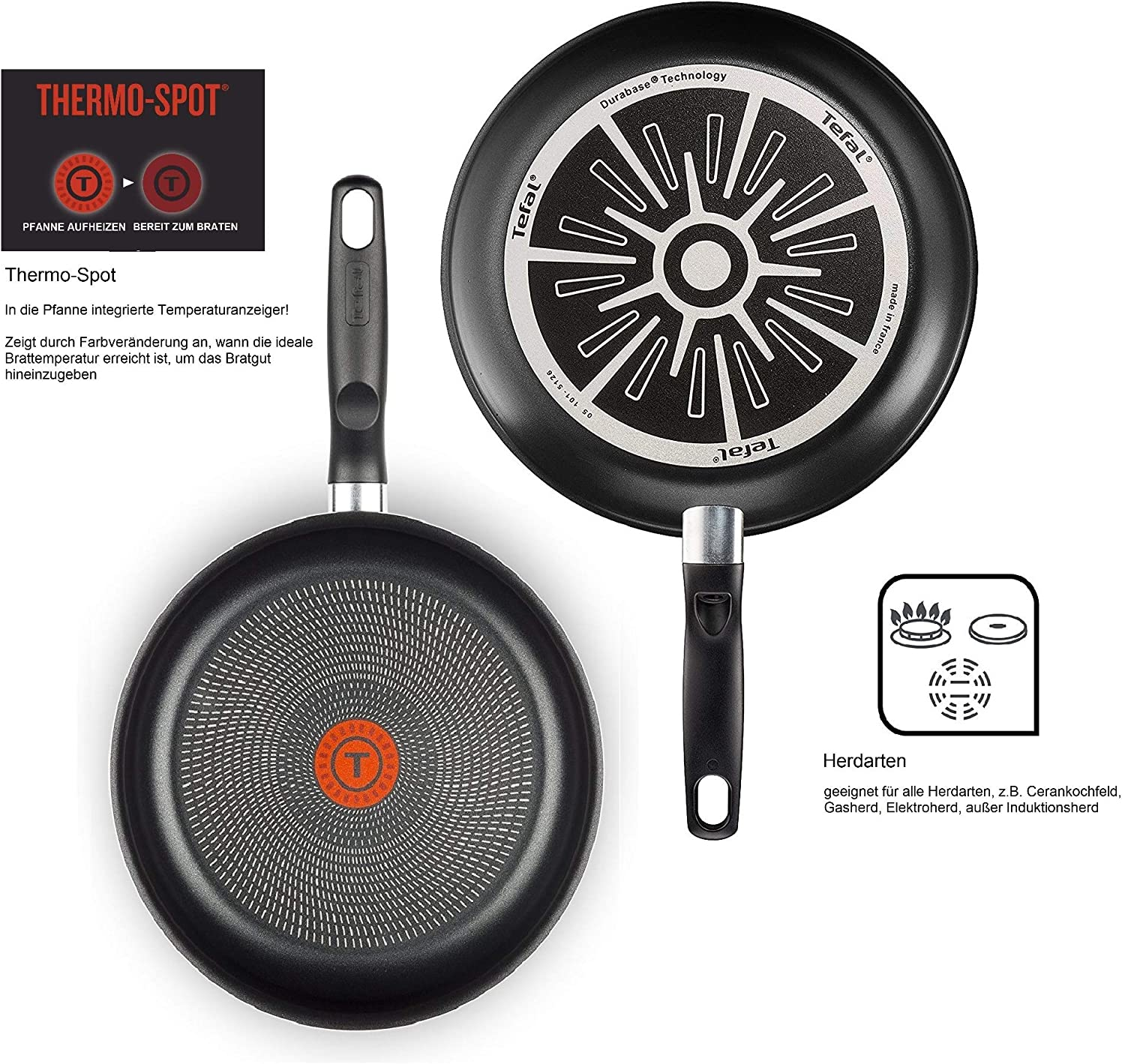 Zwei Tefal Bratpfannen, eine zeigt den Thermo-Spot, der anzeigt, wann die Pfanne zum Kochen bereit ist.